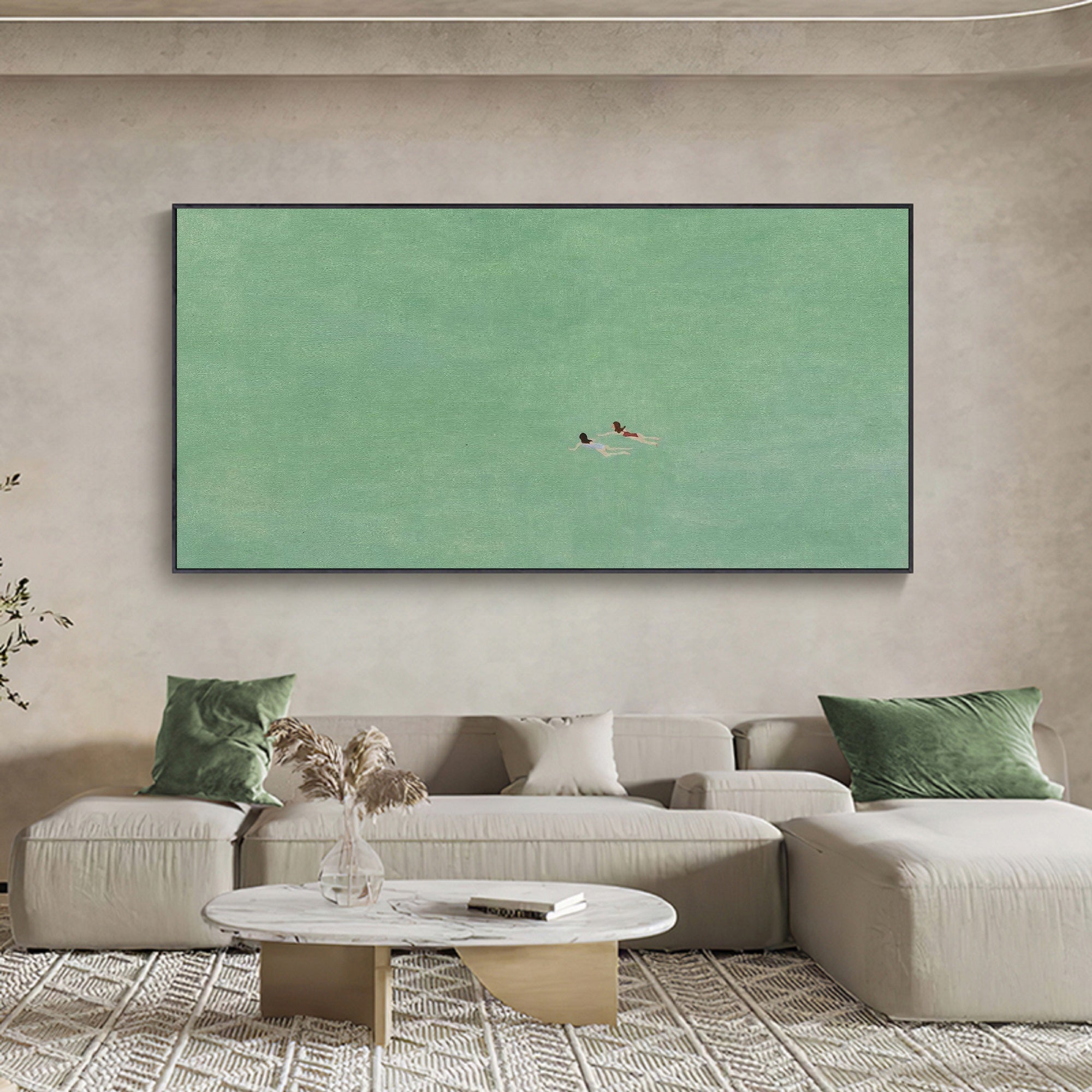 green abstract art two girls swimming painting green texture wall art