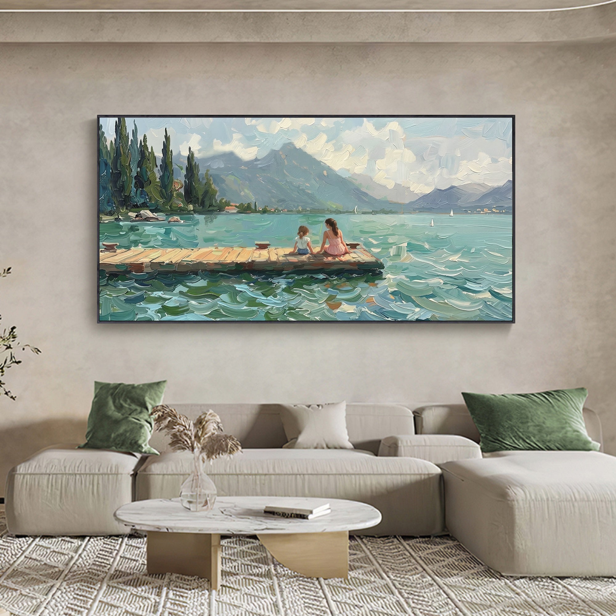 green Horizontal abstract painting two girls Summer lakeside landscape art