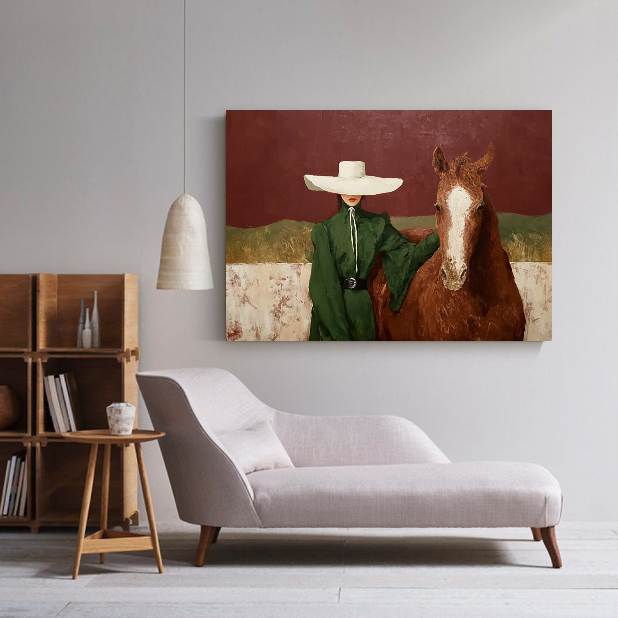 Modern Woman and Horse Painting Earthy Tones Boutique Hotel Art  