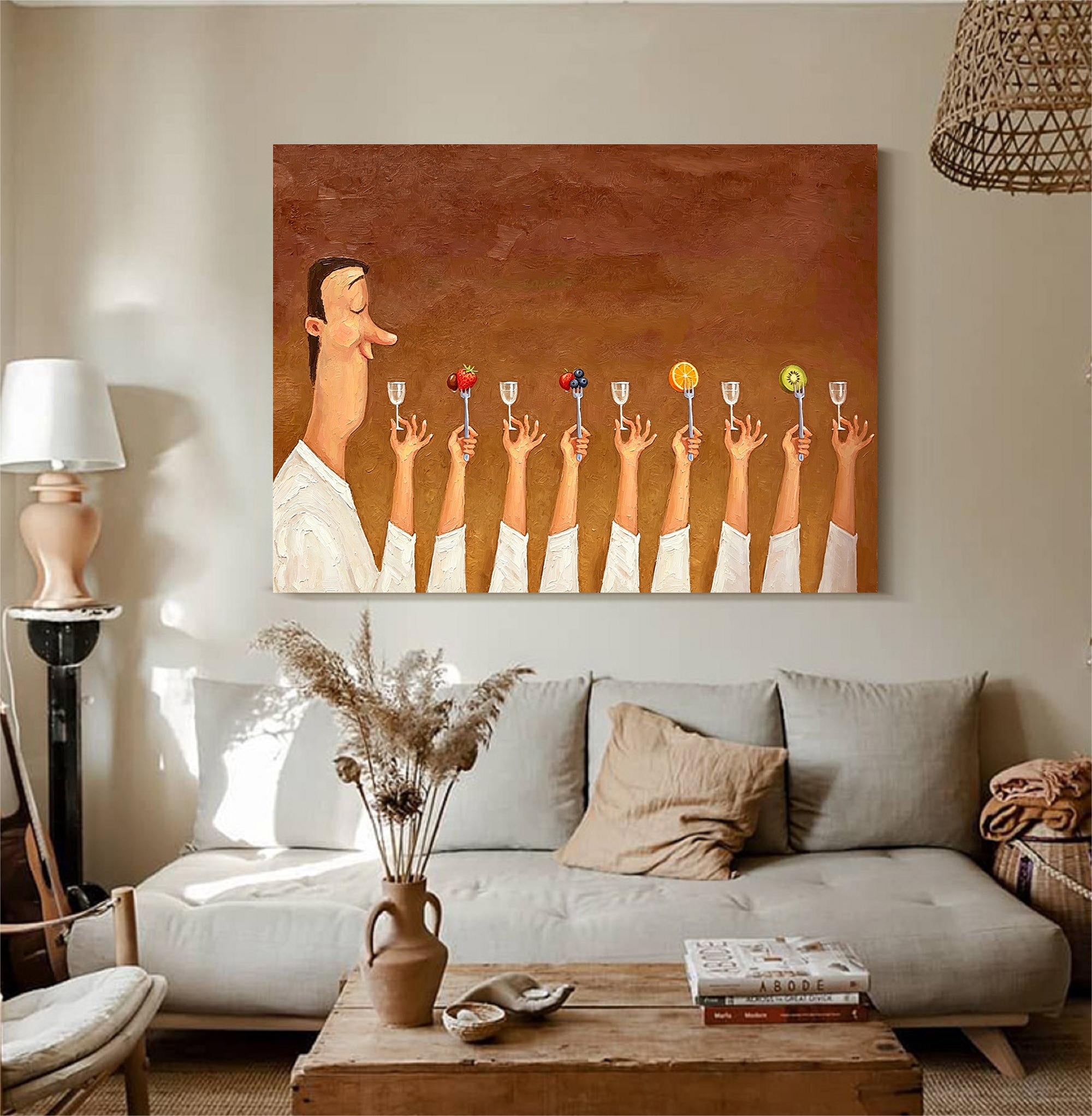 Humorous Kitchen Wall Art, Hand Painted Oil Painting, Large Wall Decor for Foodie Gift.