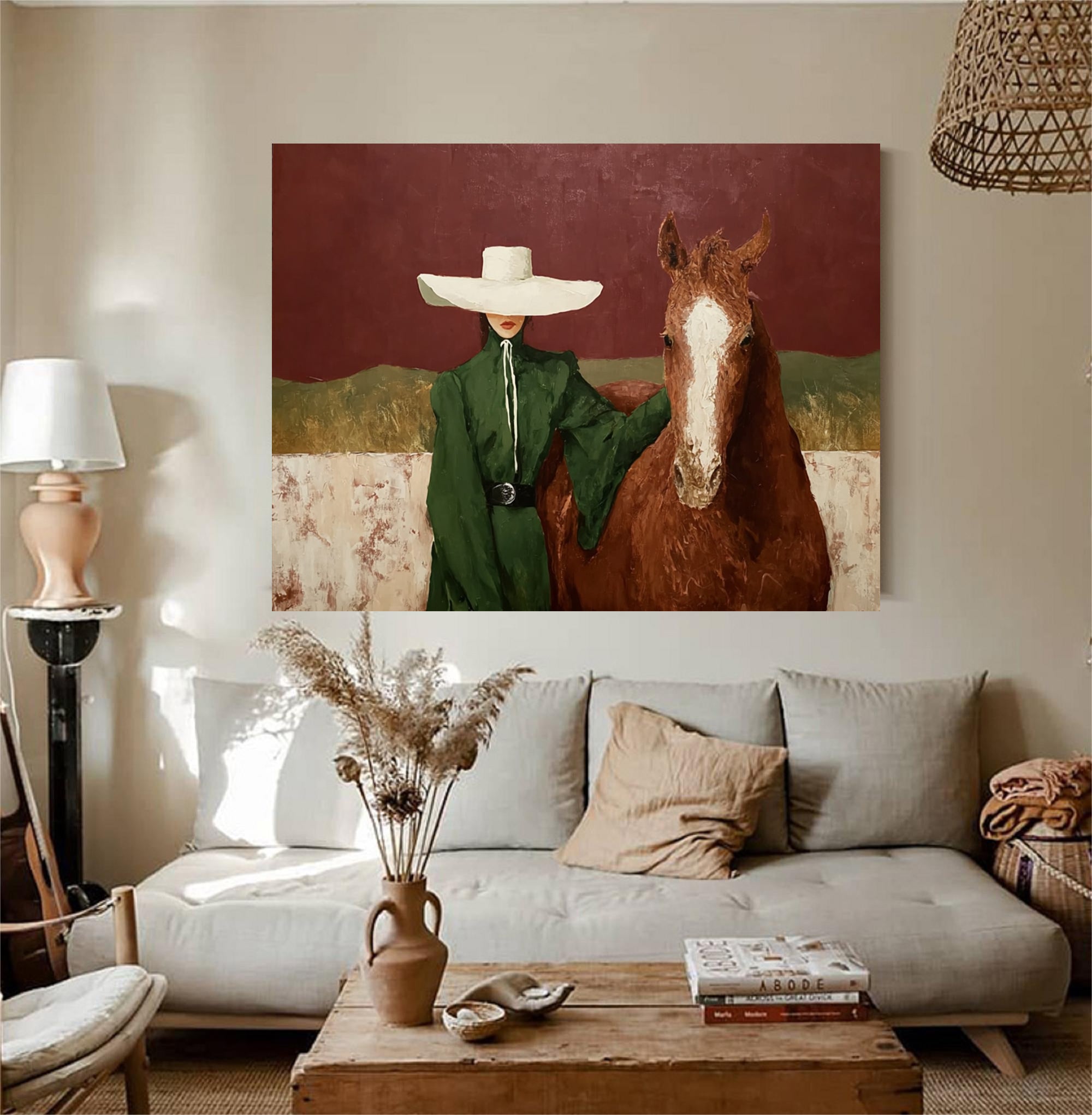 Modern Woman and Horse Painting Earthy Tones Boutique Hotel Art  