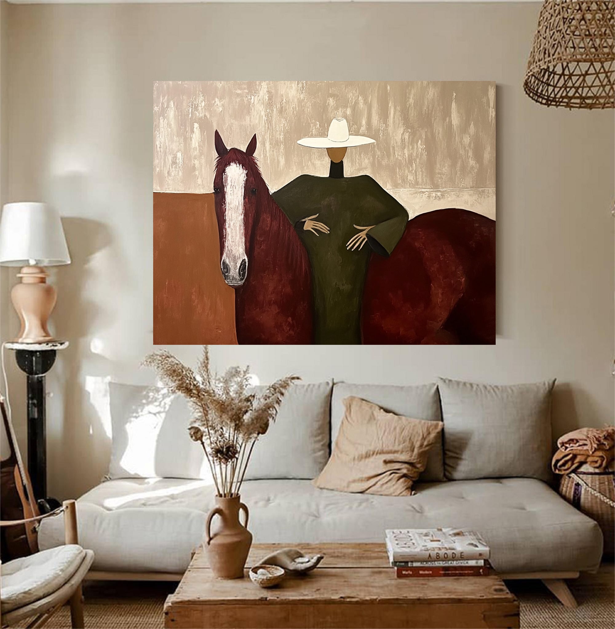 Modern Woman and Horse Painting Wabi-sabi Luxury Living Room Decor