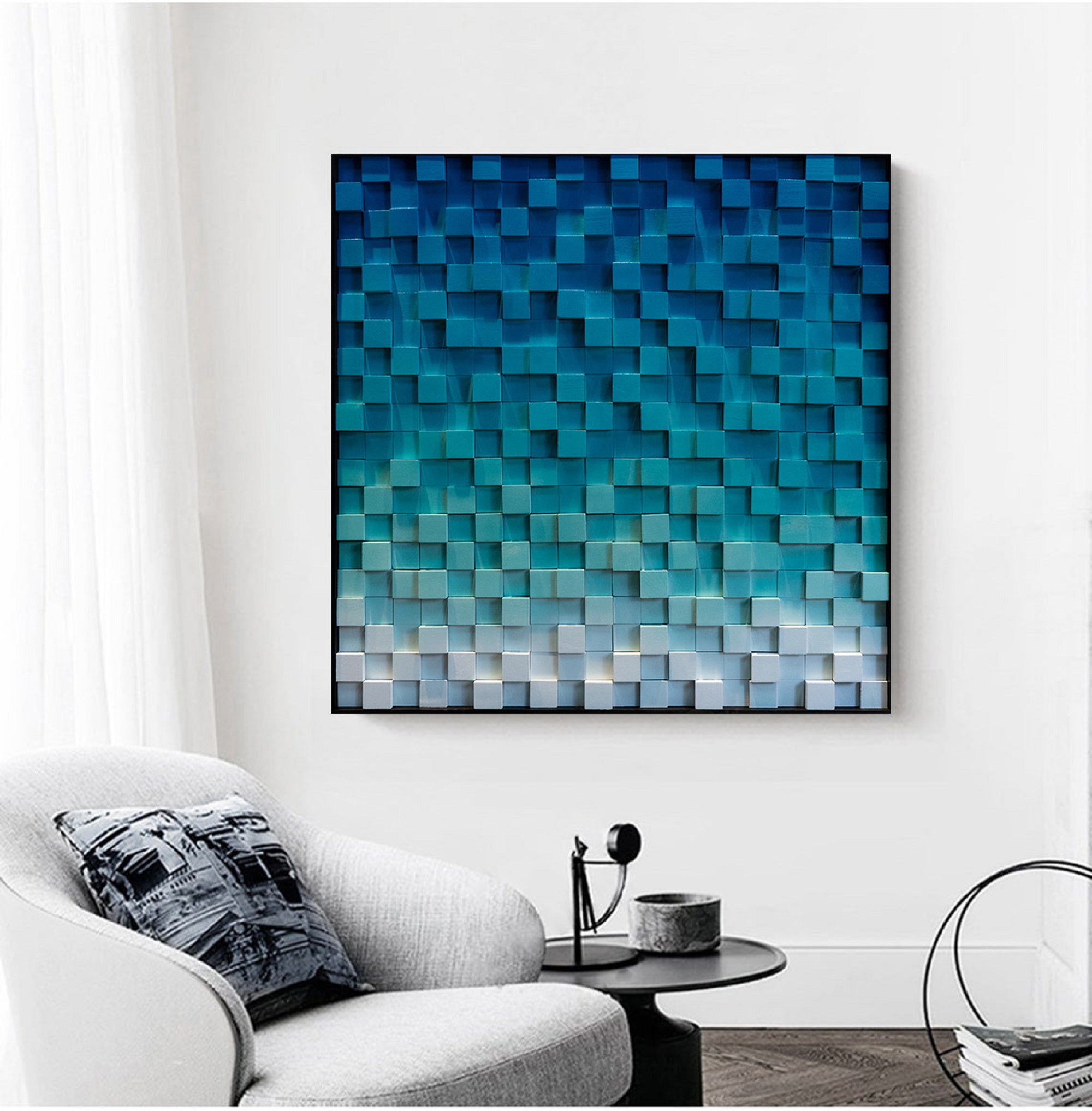 Blue Wood wall Decor Wood Block Art Geometric Wood Art Sculptured art