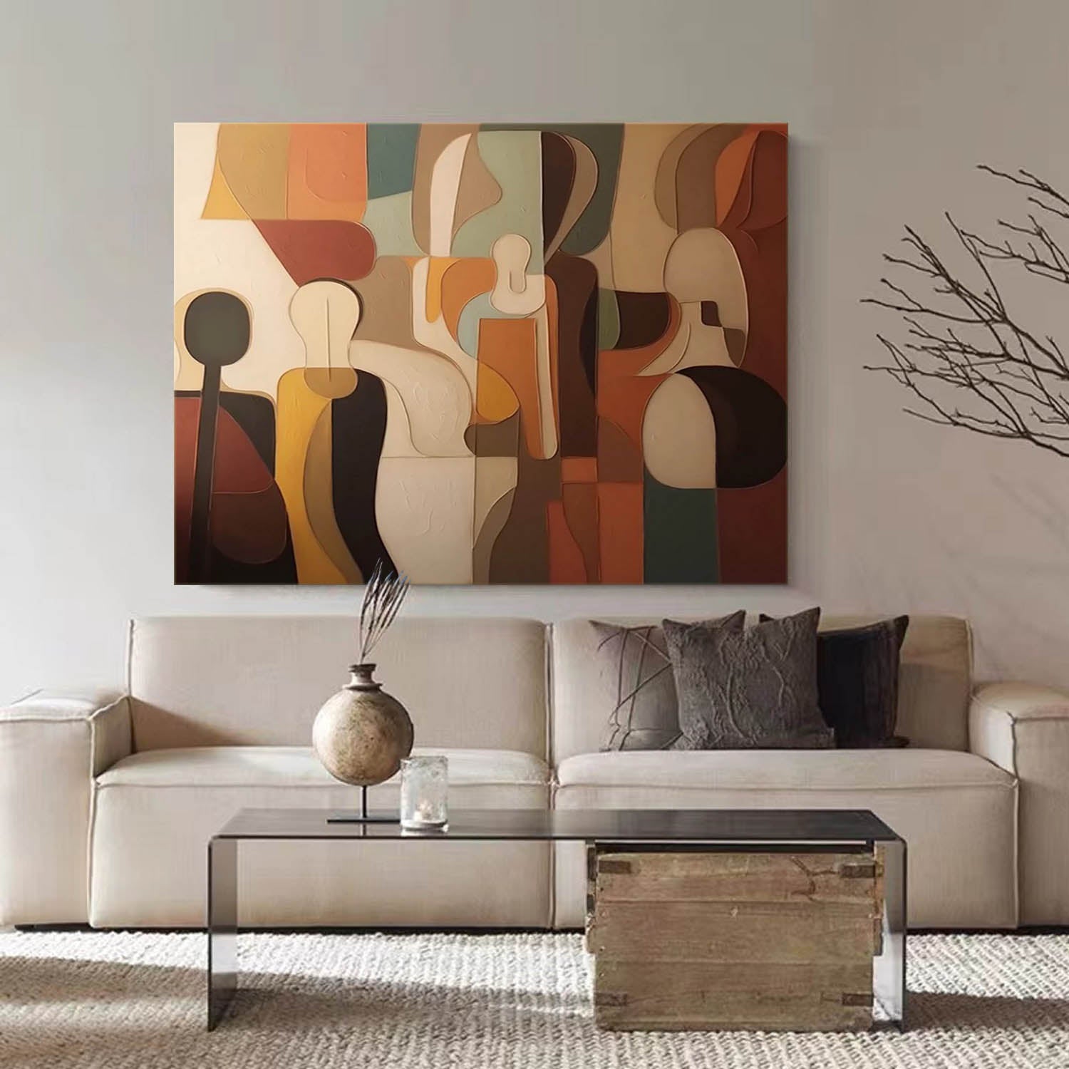Modern Abstract Geometric Oil Painting - Large 3D Textured Earth Tone Wall Art