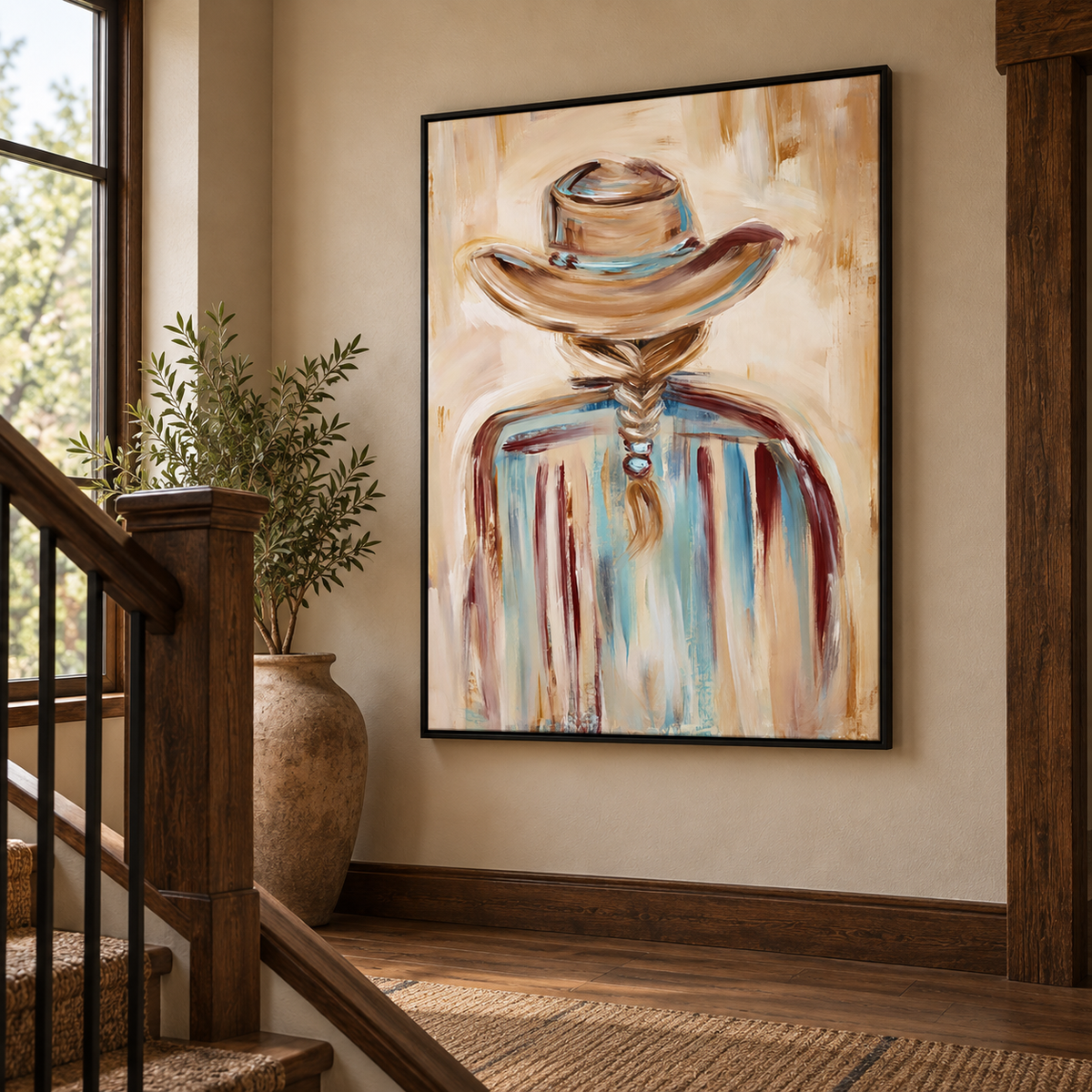 Cowgirl Back View Canvas Painting Hand-Painted Western Art In Beige And Blue