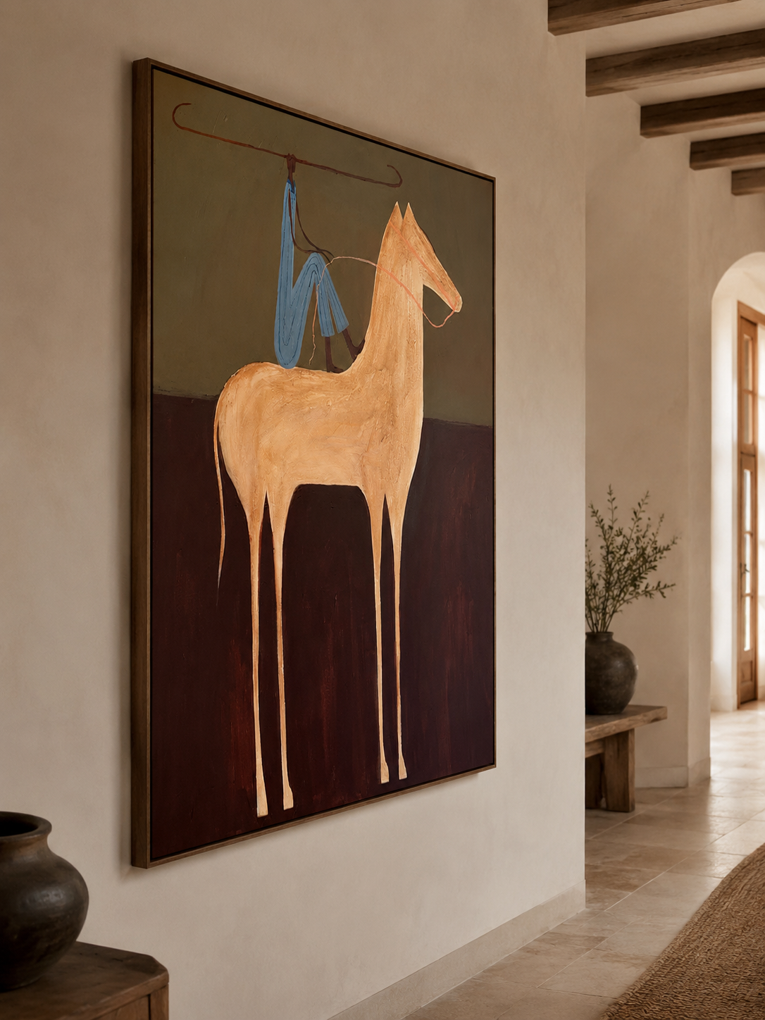 Minimalist Retro Horse Painting With Blue Figure For Modern Home Decor