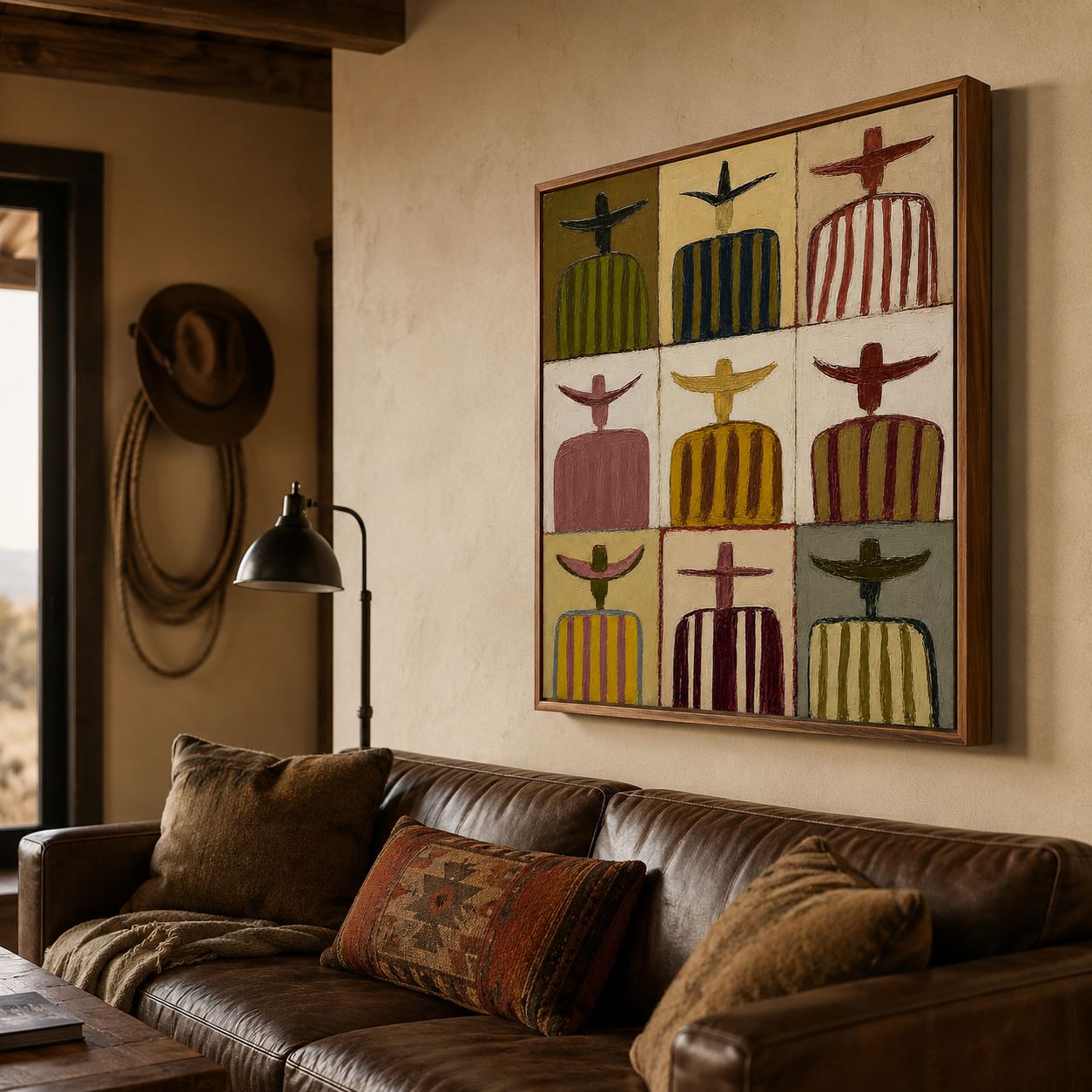 Sombrero Family Portrait Painting In Earthy Tones For Rustic Living Room Decor