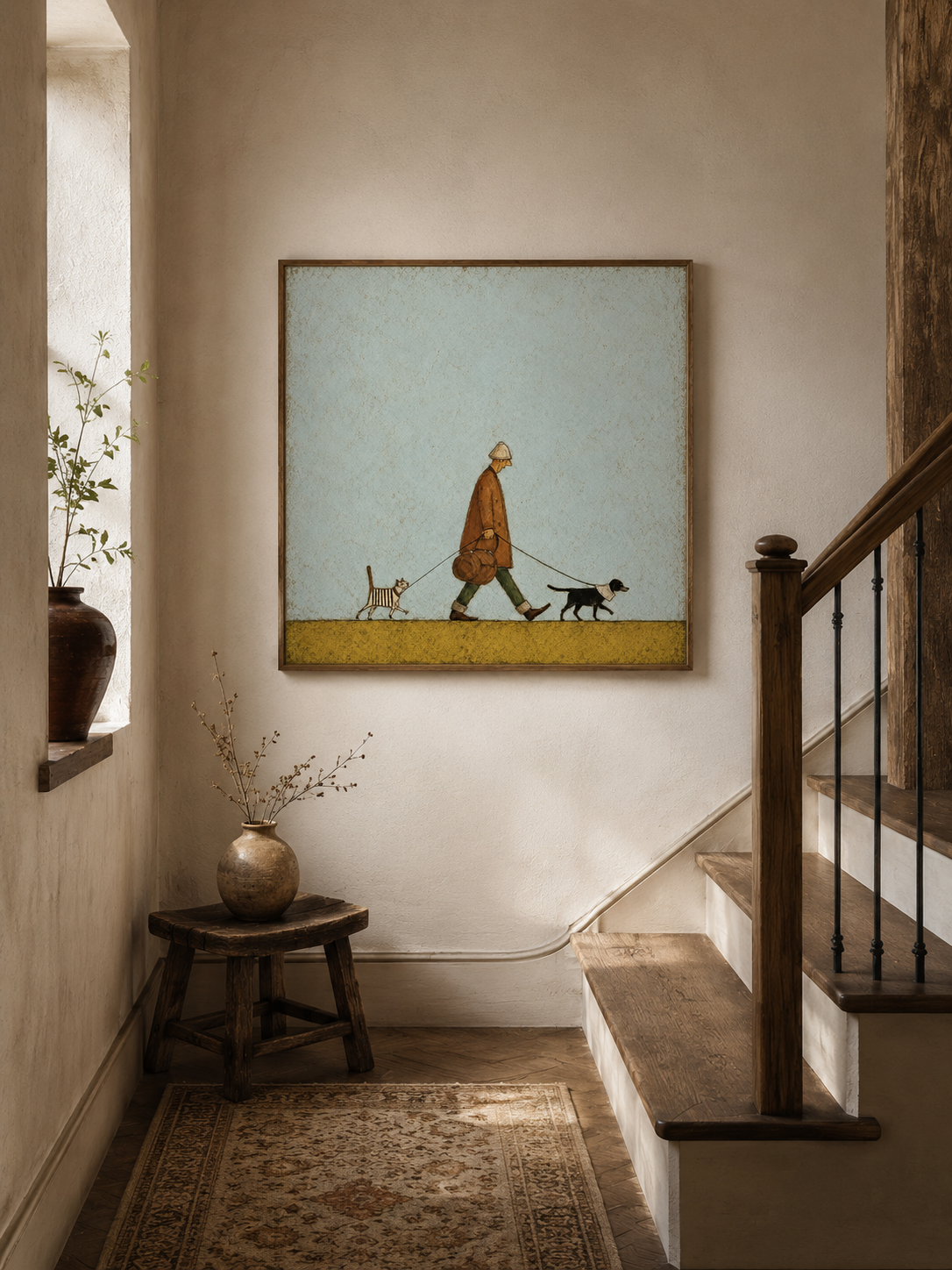 Vintage Style Oil Painting Of Man Walking Cat And Dog For Pet Lovers Home Decor