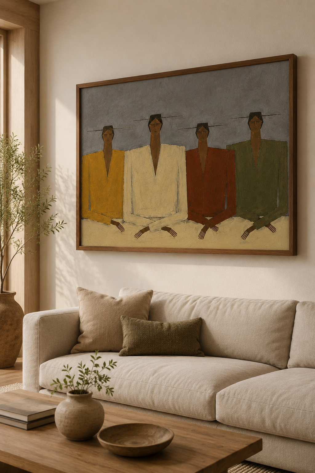 Mid-Century Minimalist Abstract People Oil Painting - Muted Earth Tones on Canvas