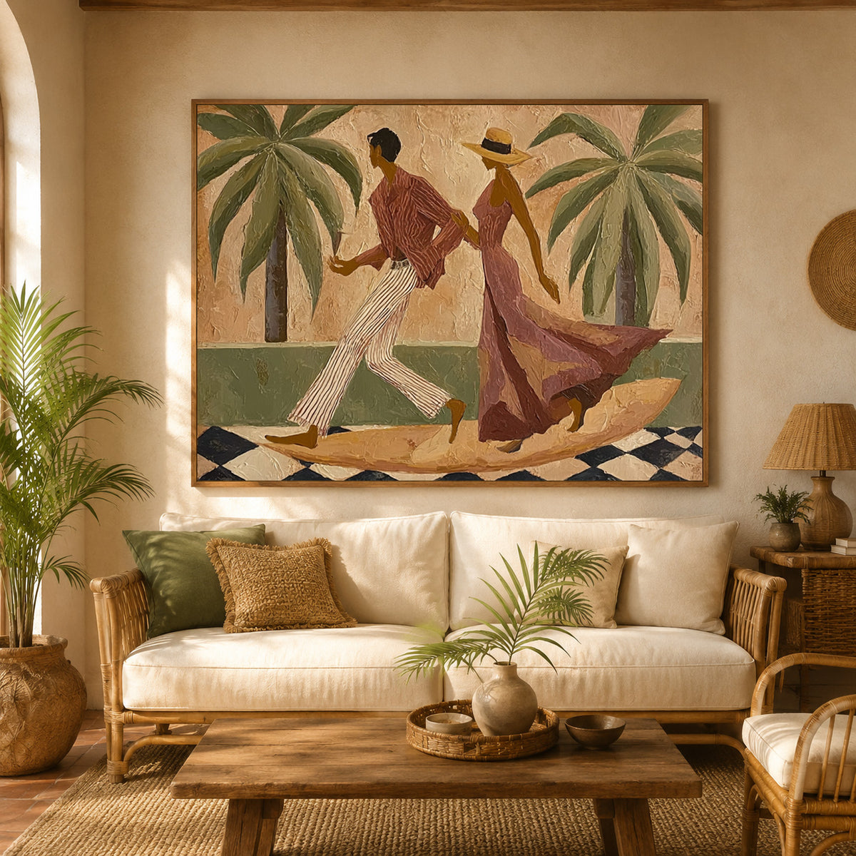 Dancing Couple Canvas Painting With Tropical Palms And Olive Green Tones