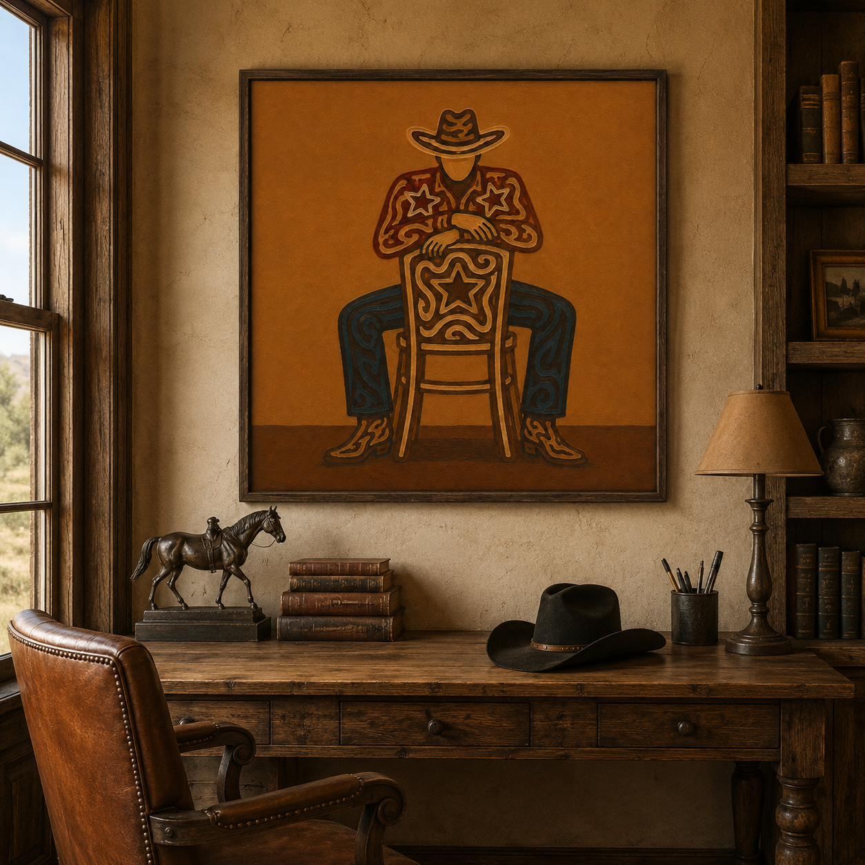 Cowboy Sitting On Chair Art, Bold Western Wall Decor, Minimalist Cowboy Painting, Warm Tone Western Art