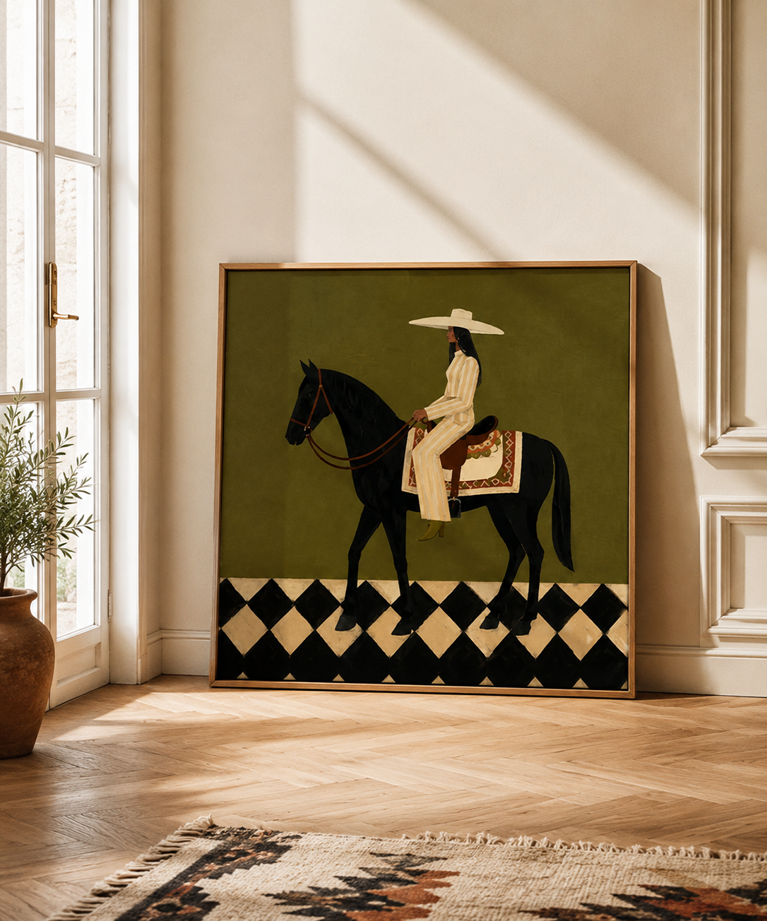 Vintage Horse And Rider Painting Sage Green Wall Art For Modern Home Decor