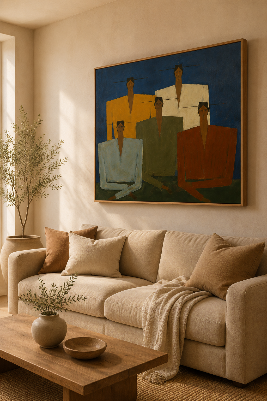 Mid-Century Modern Abstract People Group Oil Painting Large Figurative Wall Art for Modern Home