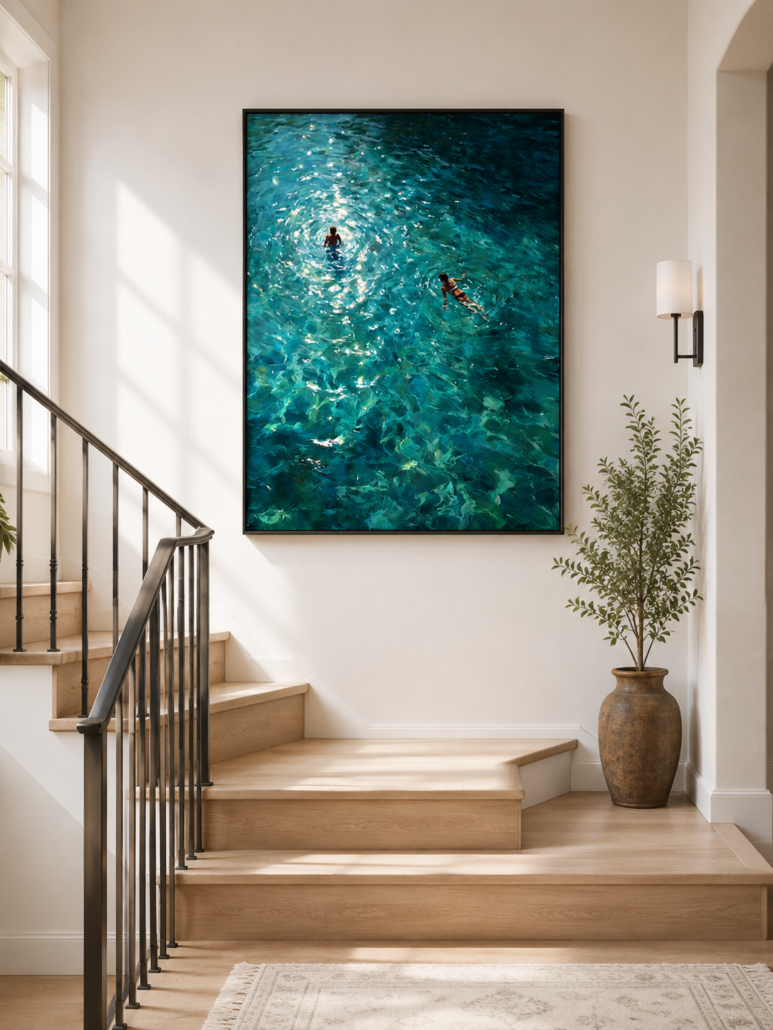 Turquoise Swimming Couple Painting For Summer Beach House Wall Decor Original Oil Art