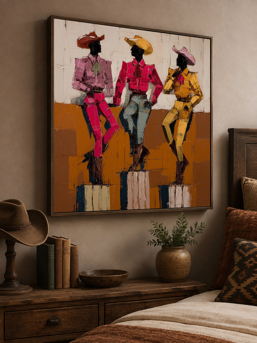Hand-Painted Cowboy Group Canvas Art In Vintage Pink Yellow Blue Tones For Western Home Decor