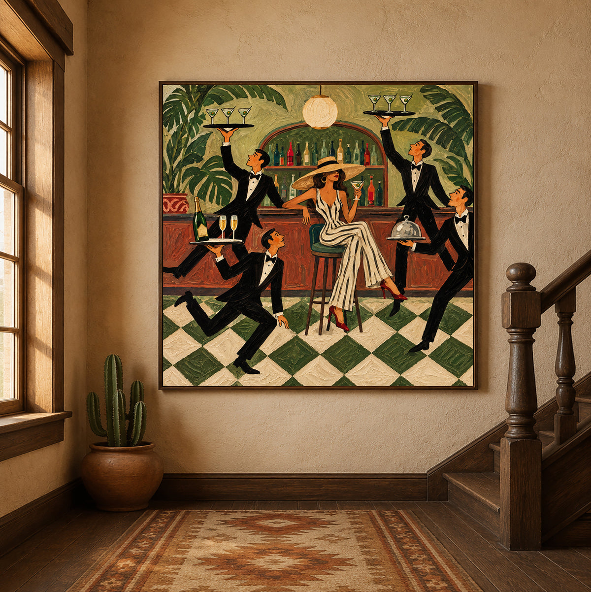 Vintage Cocktail Lounge Art With Lady And Waiters In Green Bar Scene Canvas Painting