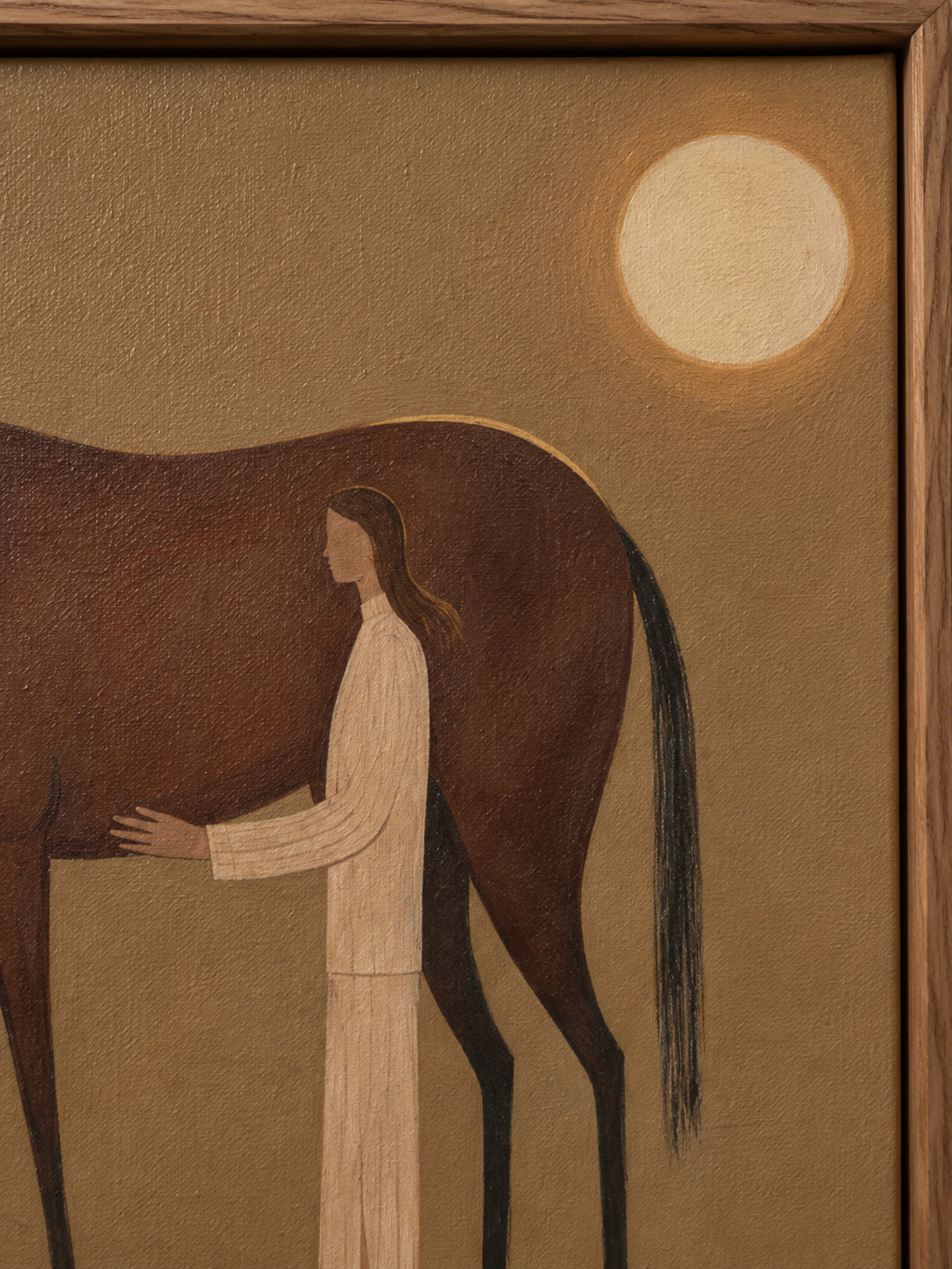 Wabi Sabi Girl And Horse Painting With Moonlight Earth Tones For Cozy Living Room Decor