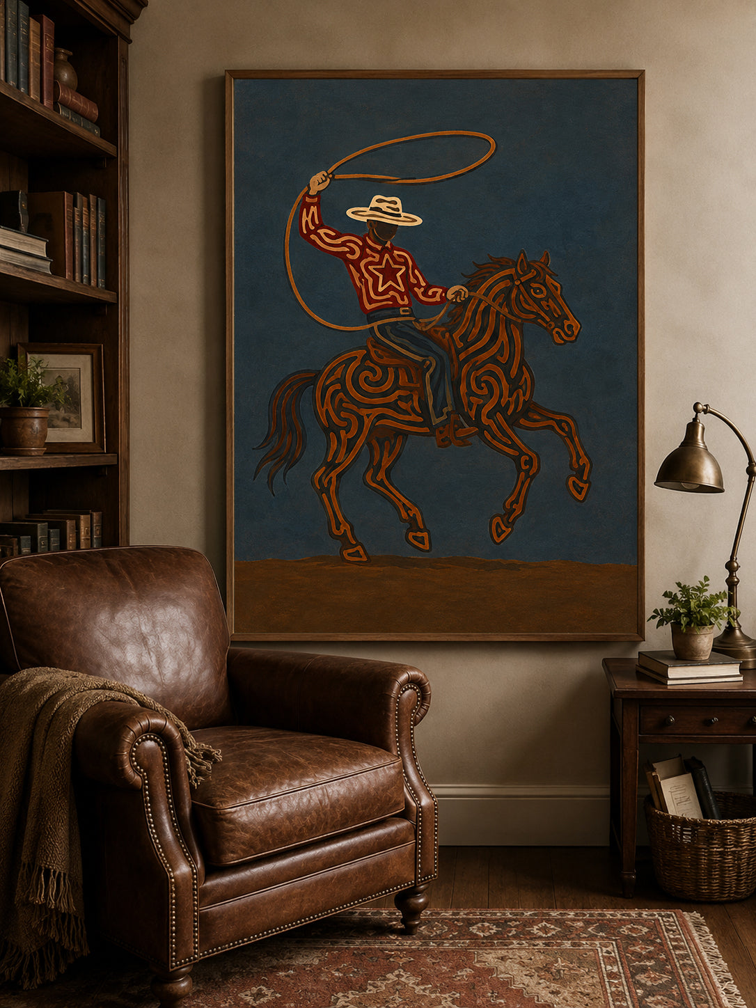 Rodeo Cowboy Lasso Painting, Texas Western Wall Art, Rustic Ranch Decor, Modern Cowboy Horse Art