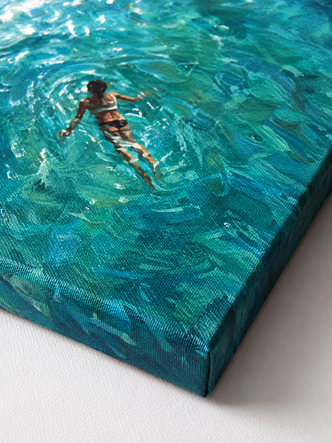 Turquoise Swimming Couple Painting For Summer Beach House Wall Decor Original Oil Art