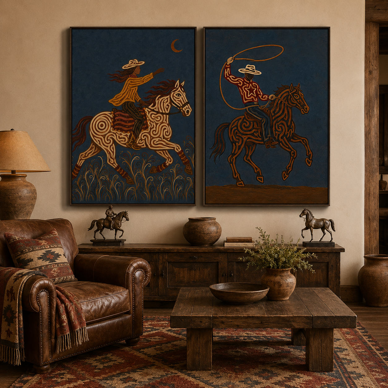 Moody Dark Blue Western Cowboy Wall Art Set Of 2, Vintage Equestrian Canvas Painting For Living Room