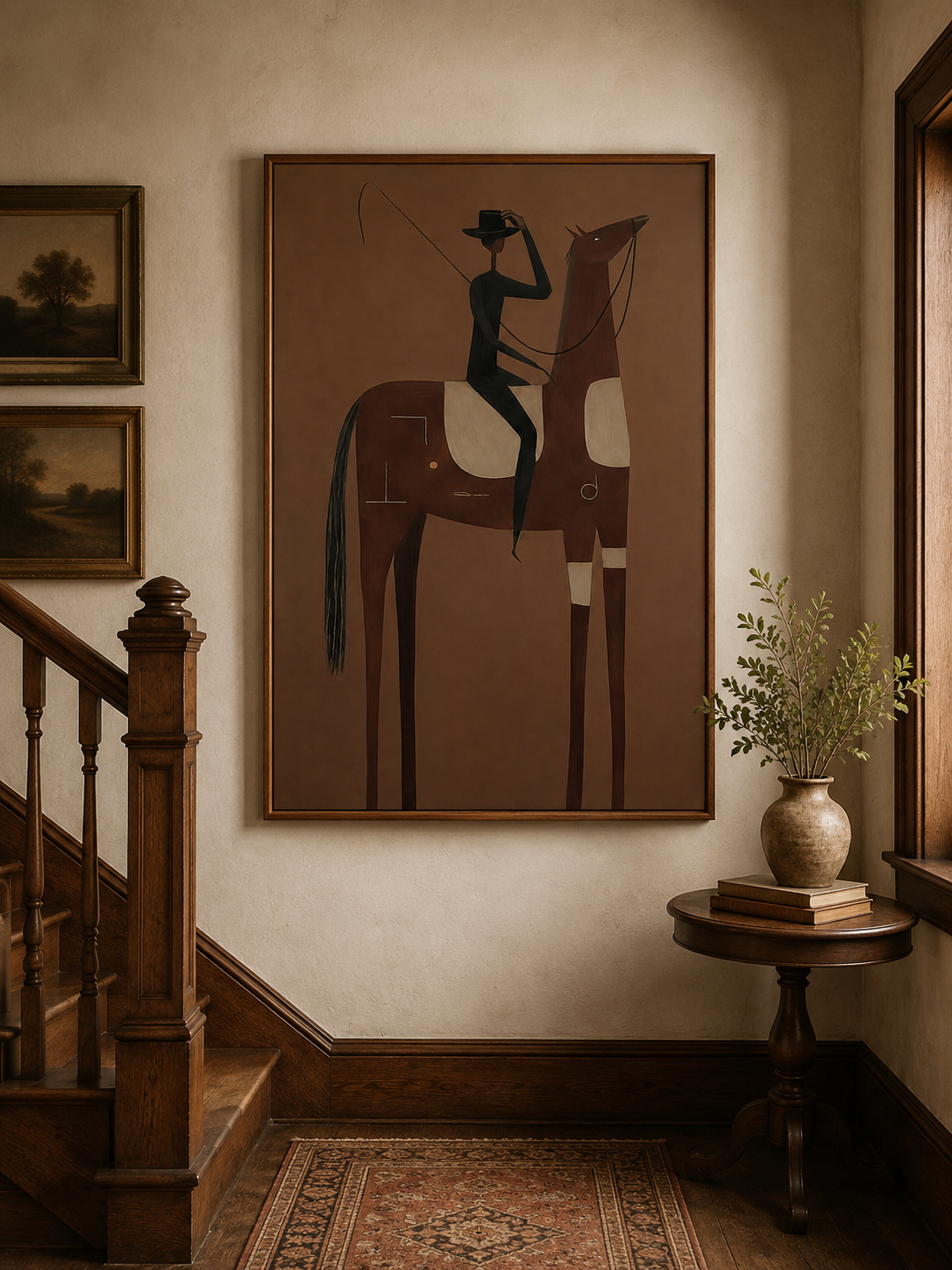 Minimalist Brown Horse Painting With Rider For Living Room Decor