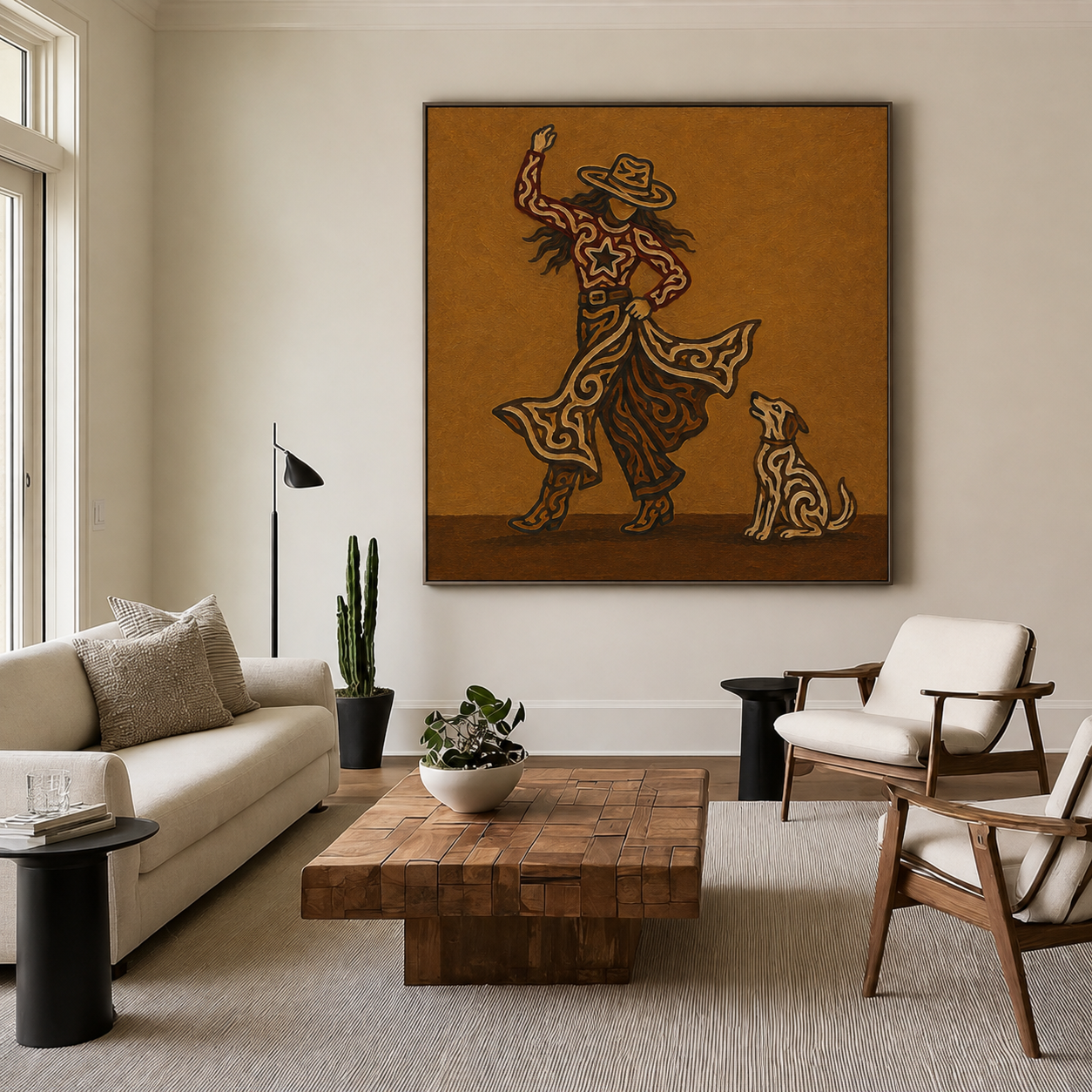 Cowgirl And Dog Wall Art, Western Woman Art , Dancing Cowgirl Canvas,Contemporary Western Decor