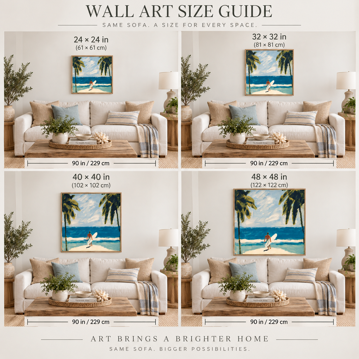 Surfer And Palm Trees Beach Canvas Painting Blue Ocean Wall Art