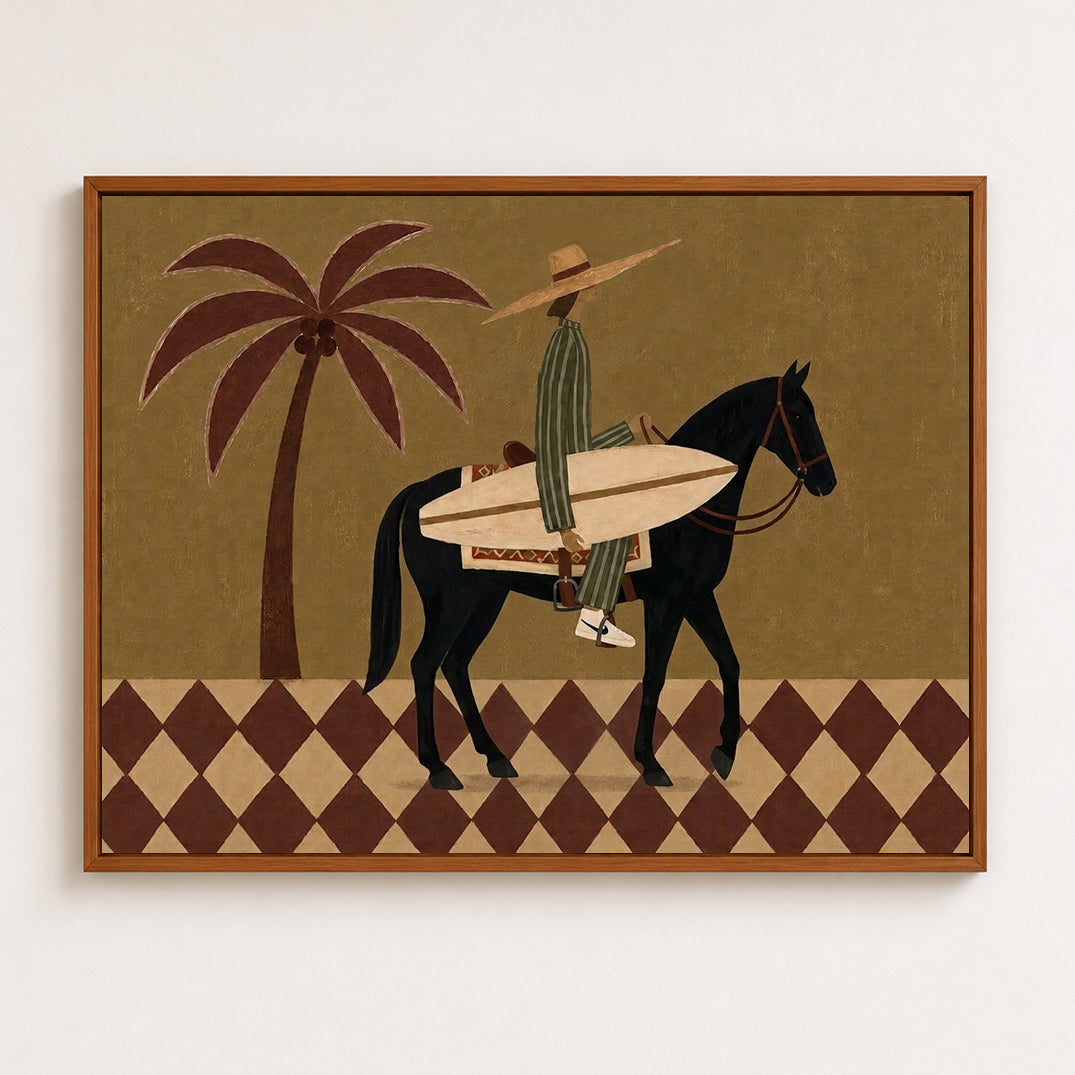 Olive Green Canvas Art With Diamond Floor Pattern And Rider Silhouette For Boho Chic Interior