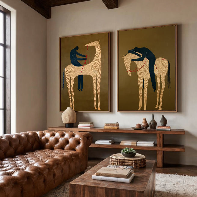 Original Equestrian Oil Painting Set Of Two With Green Background And Linear Horse Design