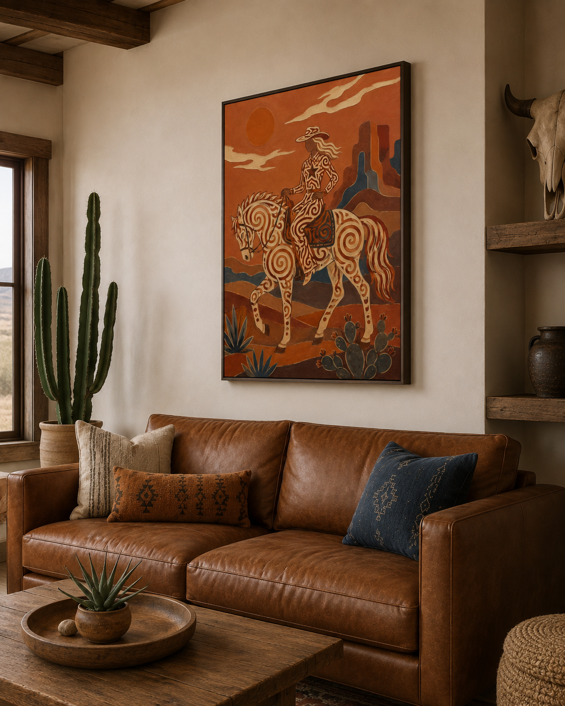 Southwestern Cowgirl Painting, Desert Horse, Canyon Folk Wall Art, Rustic Ranch Decor