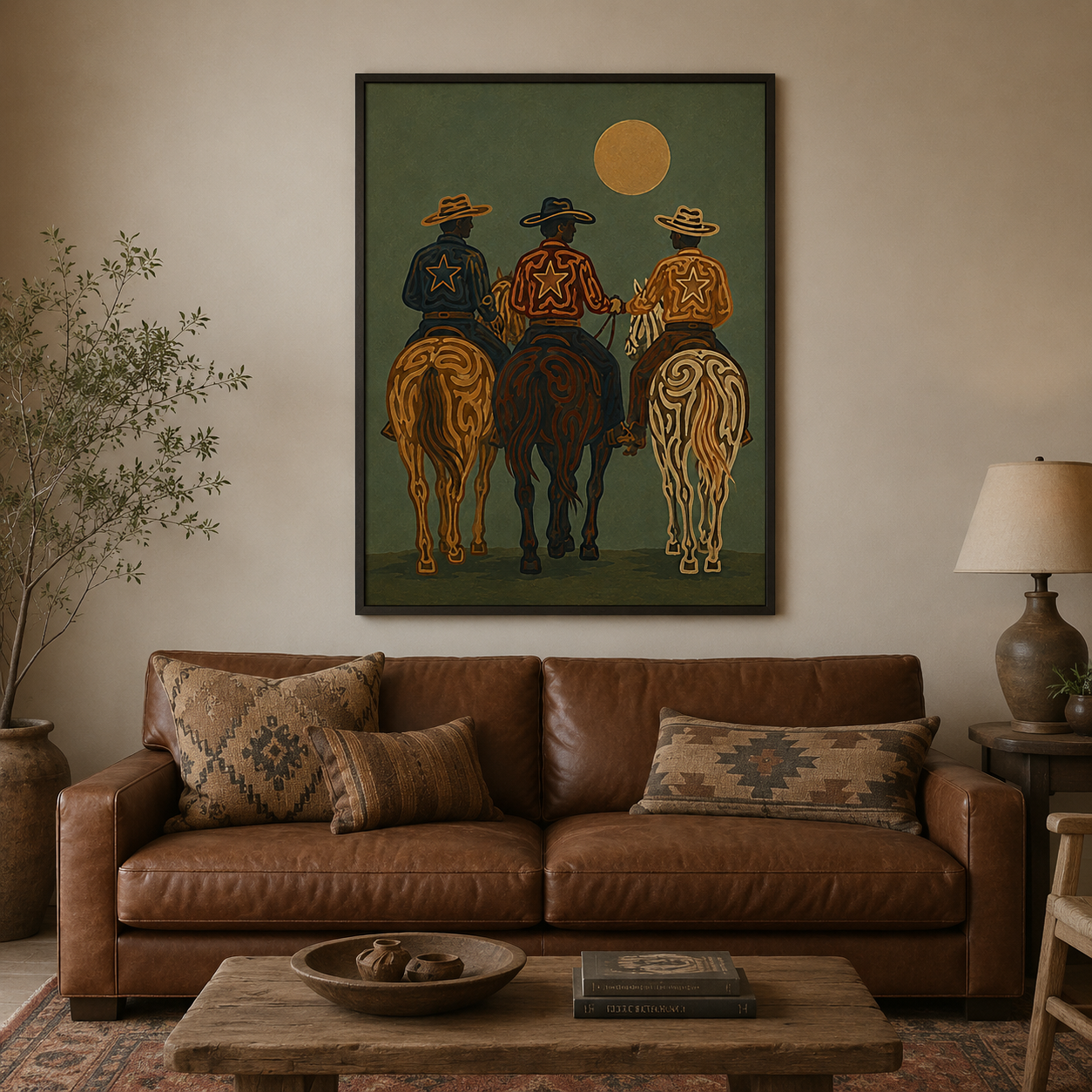 Three Cowboys Painting, Western Horse Riders, Rustic Southwestern Ranch Wall Art