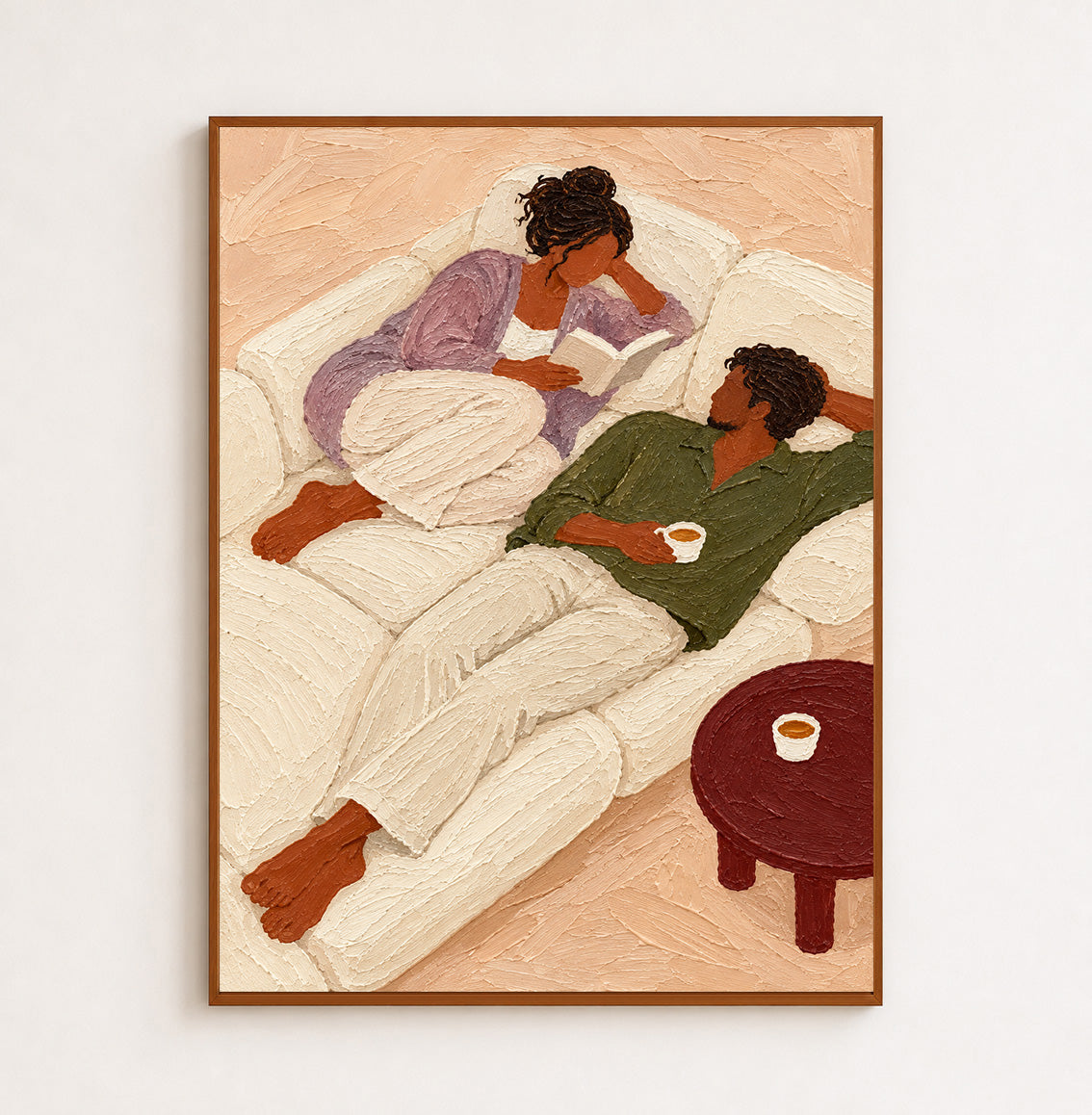 Cozy Couple Reading Painting Romantic Living Room Wall Art With Textured Couple Figure Painting