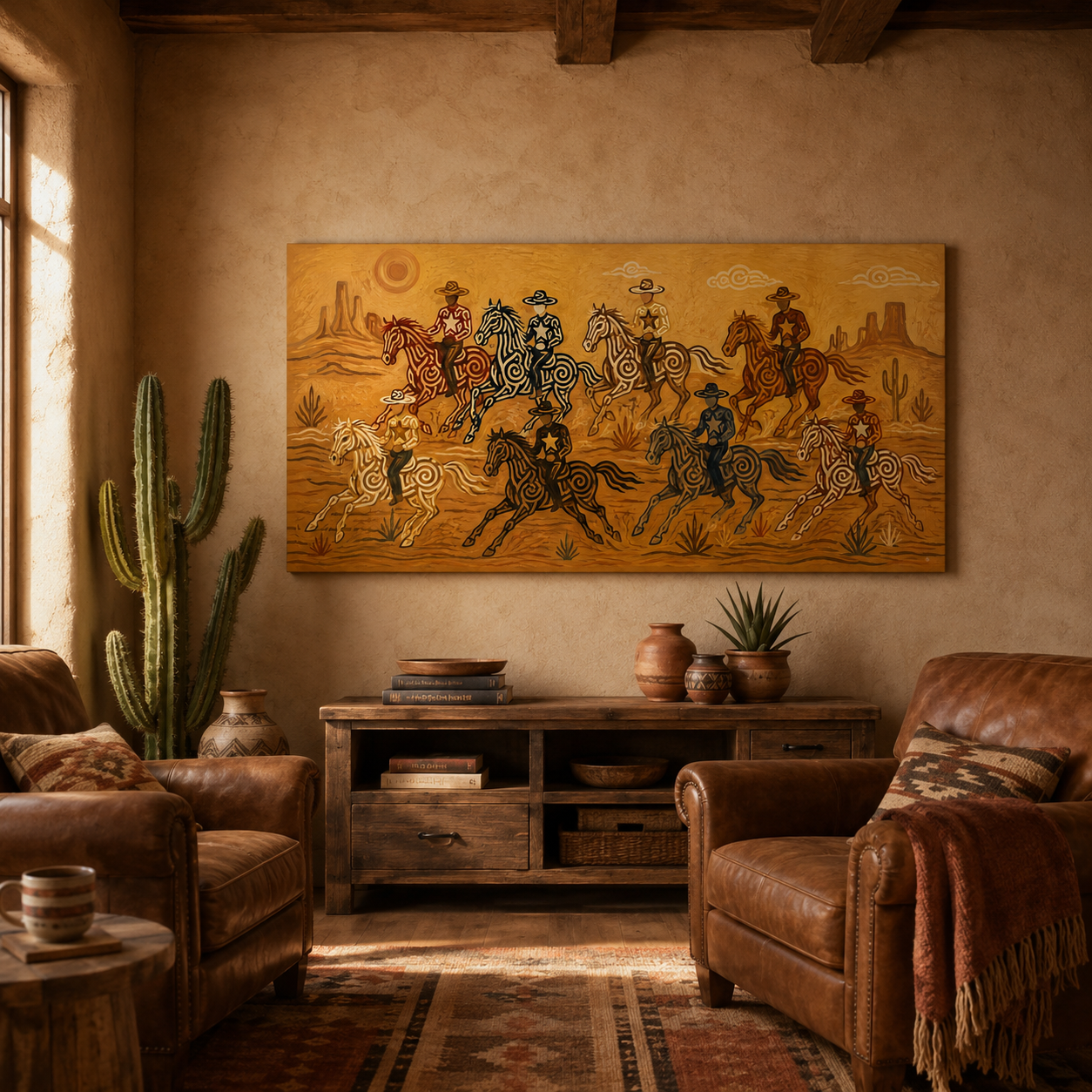 Panoramic Desert Cowboy Painting, Southwestern Horse Riders, Arizona Western Landscape Art