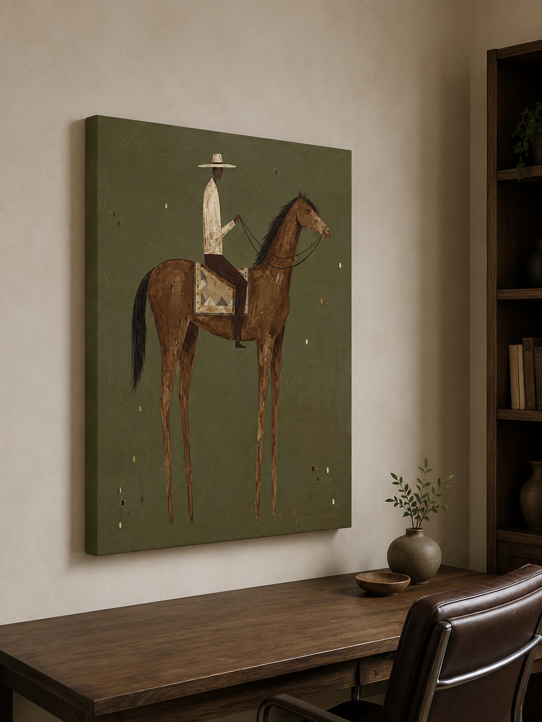 Mid Century Modern Horse Art With Minimalist Cowboy In Green Frame For Living Room Decor