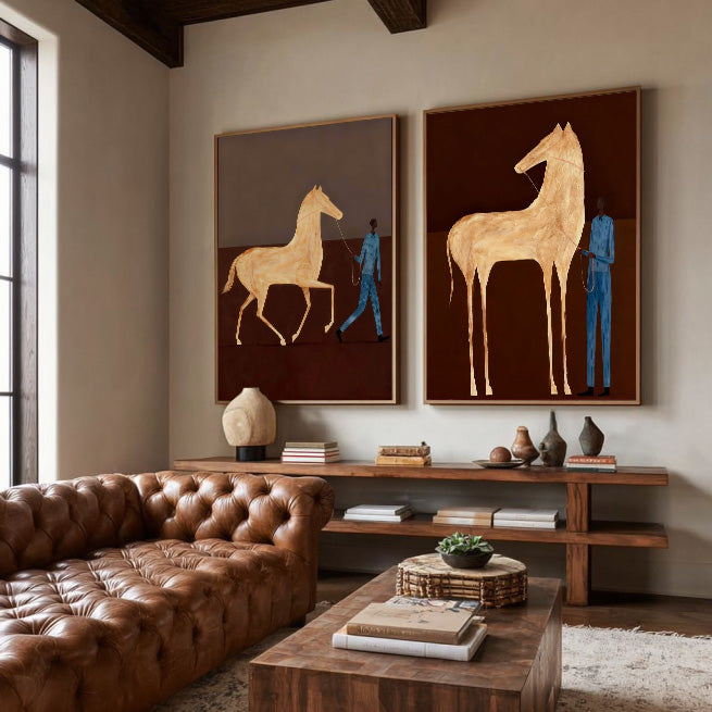 Vintage Brown Horse Painting Set With Blue Figure For Modern Home Decor