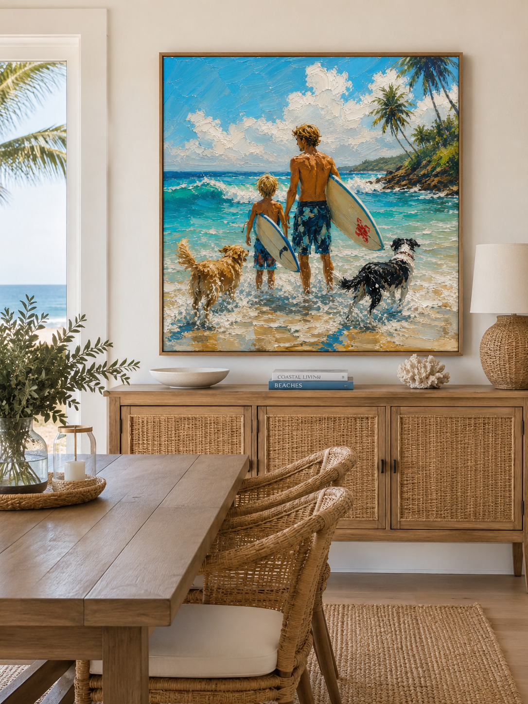 Coastal Vacation Wall Art Father Son Surfing Oil Painting With Dogs For Beach House Decor