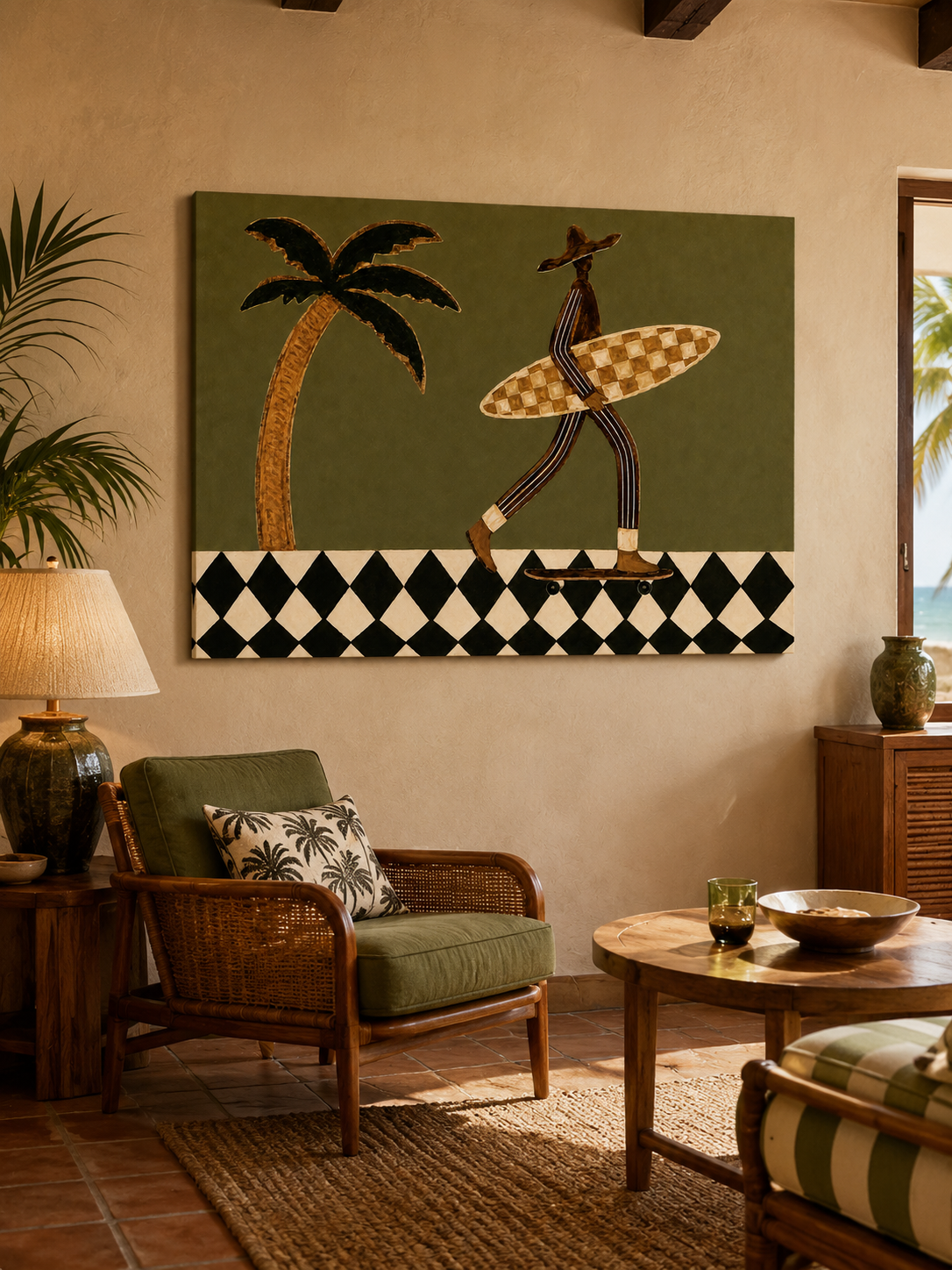 Retro Surf Art Print With Palm Tree And Checkerboard Pattern For Modern Home