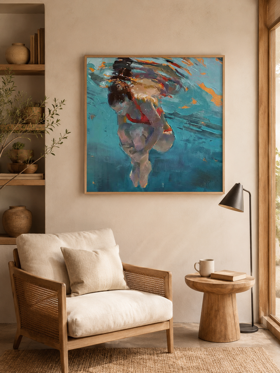 Modern Feminist Underwater Figure Painting With Red Swimsuit Expressive Oil Art For Living Room Decor