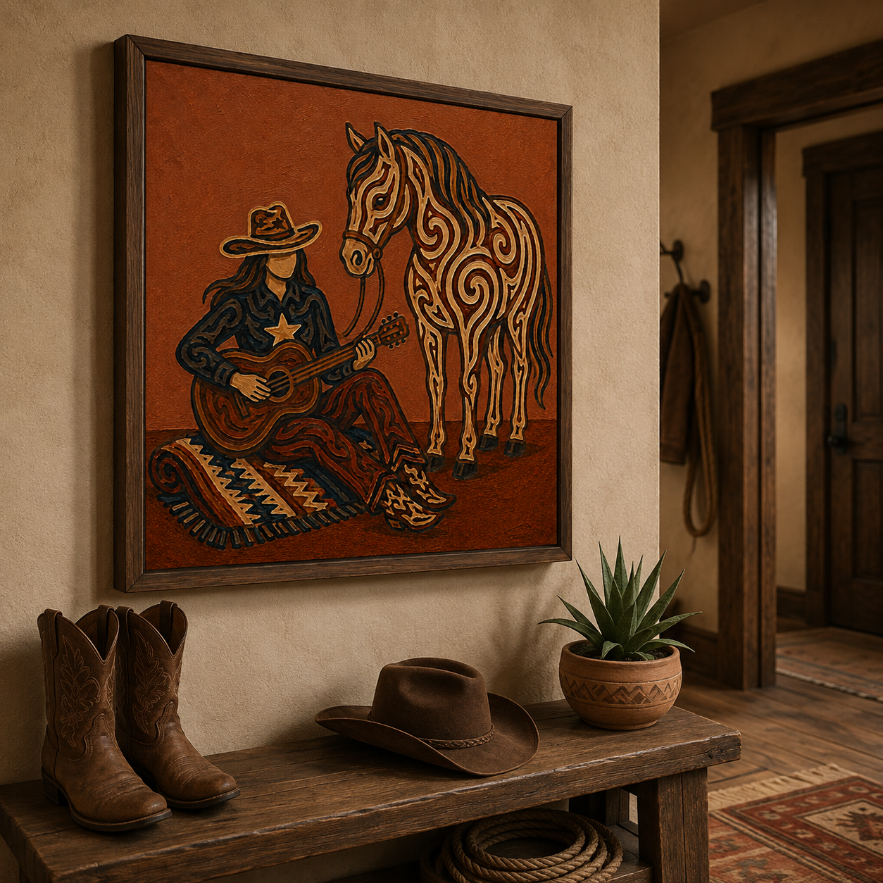 Cowgirl With Horse Guitar Art, Western Music And Horse Painting, Rustic Ranch Style For Living Room Decor