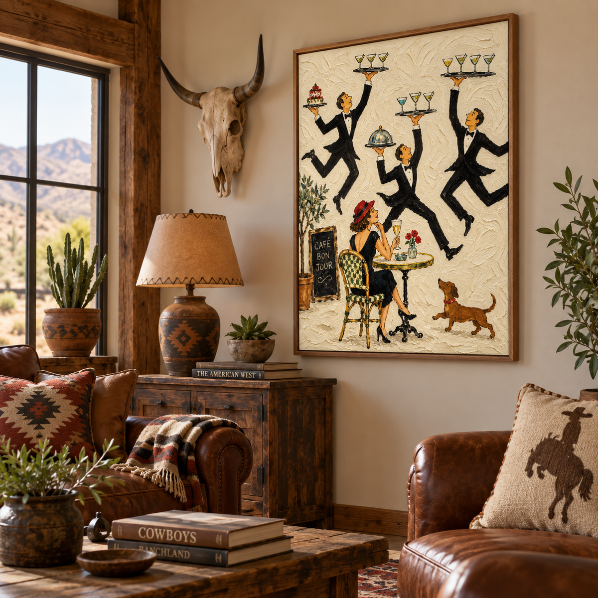 Vintage French Café Waiter Painting Hand-Painted Canvas Art For Dining Room