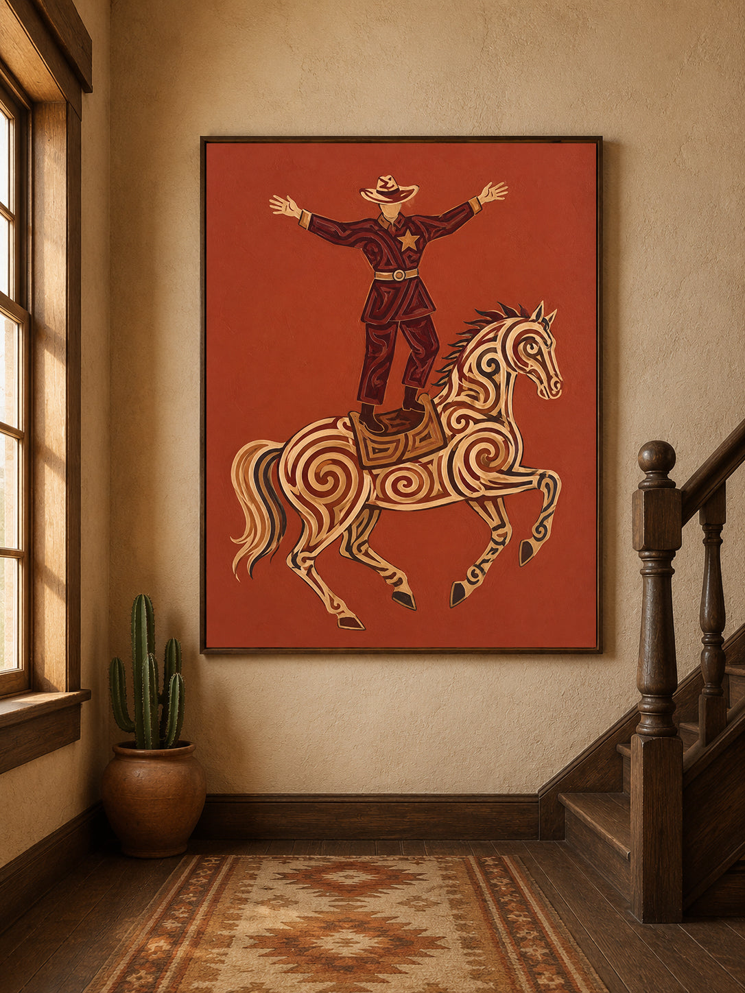 Western Cowboy Painting, Ornate Horse, Southwestern Folk Wall Art, Rustic Ranch Decor