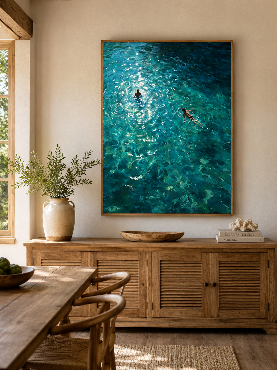 Turquoise Swimming Couple Painting For Summer Beach House Wall Decor Original Oil Art