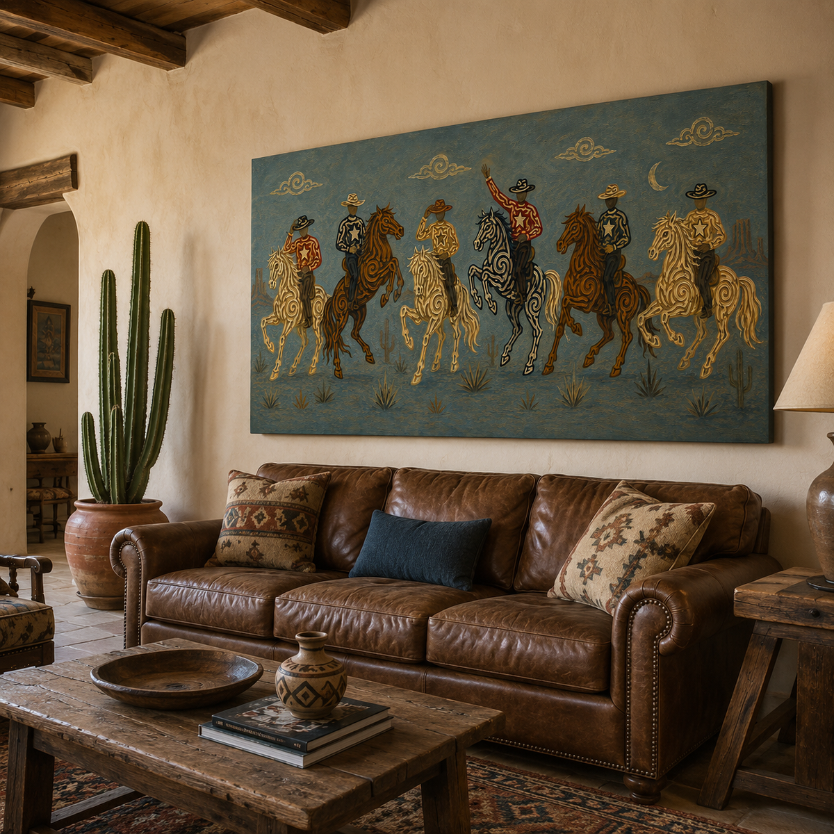 Blue Moon Cowboy Riders Painting, Panoramic Western Horse Art, Southwestern Desert Night Decor