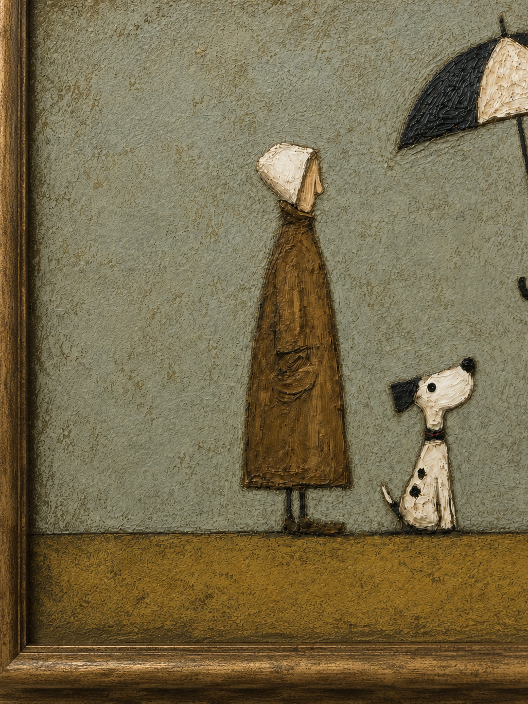 Vintage Couple With Dog Painting Under Umbrella Retro Wall Art For Pet Lovers