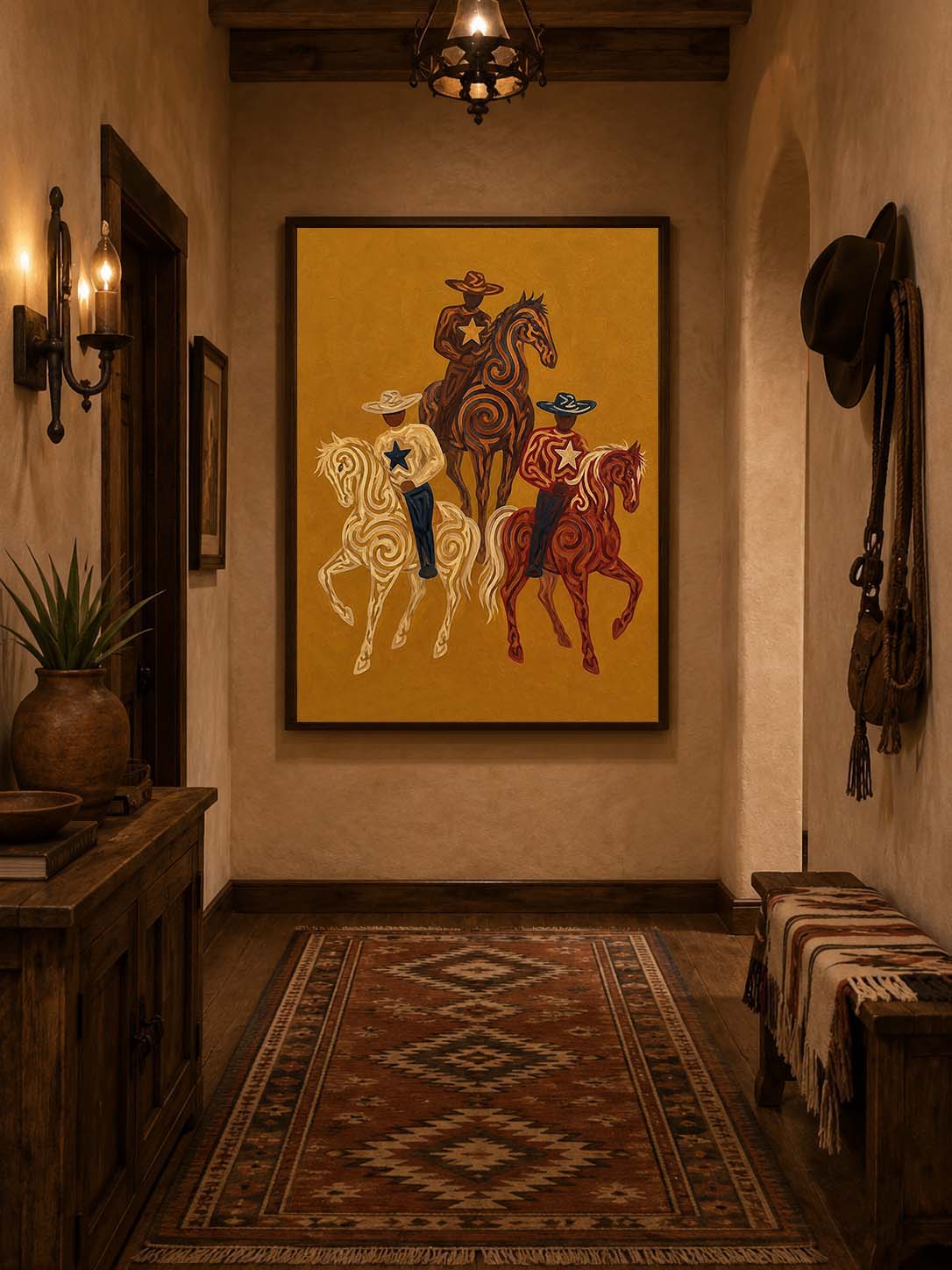 Western Cowboy Horse Oil Painting, Mustard Southwestern Wall Art, Hand Painted Ranch Decor