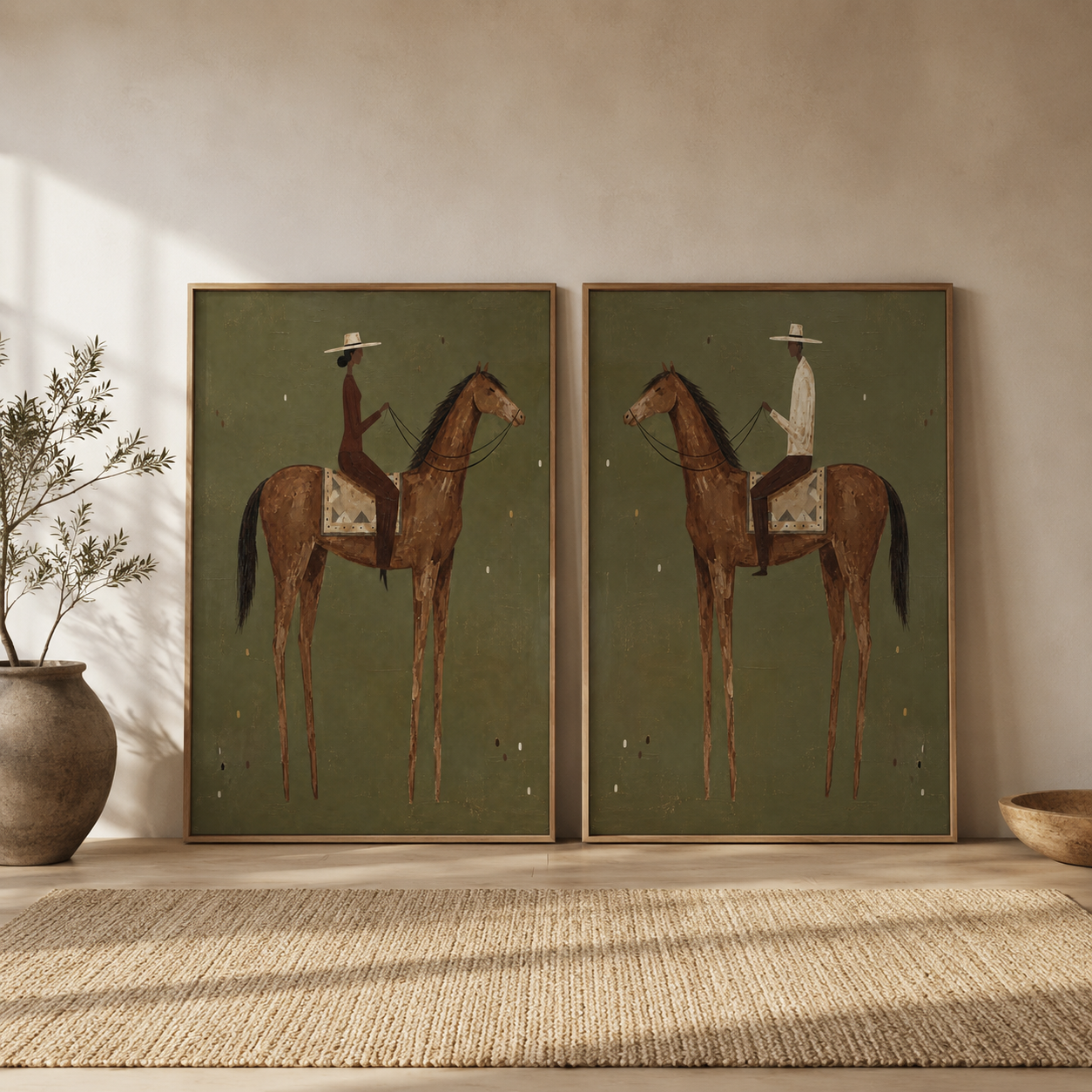 Vintage Equestrian Diptych With Green Background And Brown Horses Original Oil Painting Set Of Two