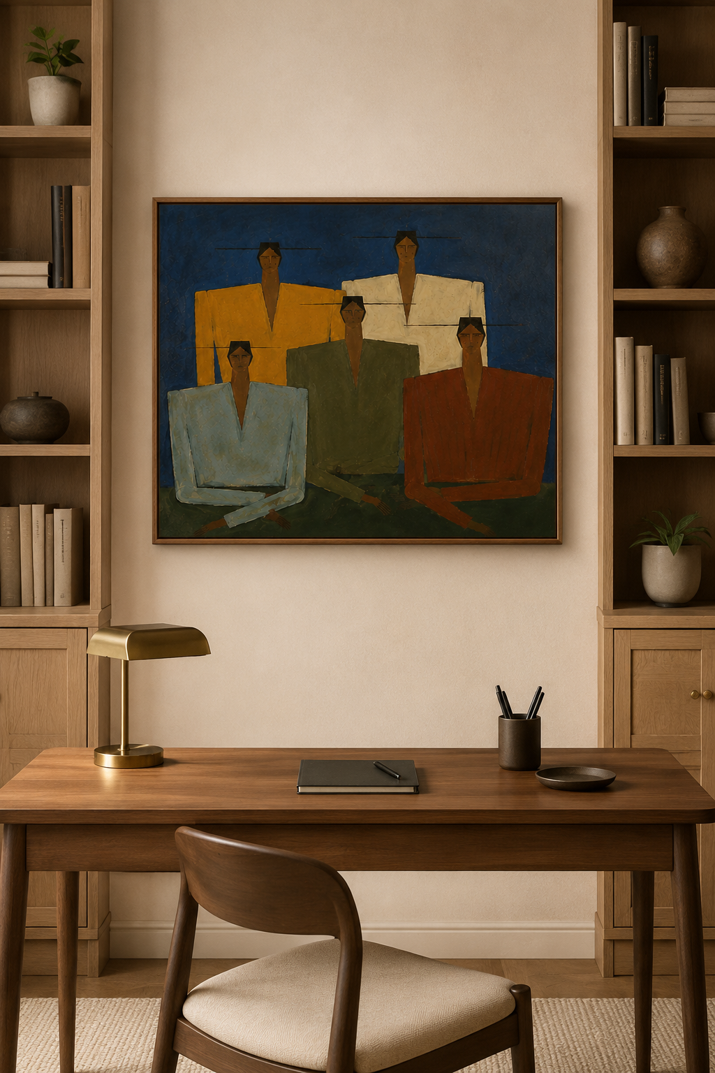 Mid-Century Modern Abstract People Group Oil Painting Large Figurative Wall Art for Modern Home