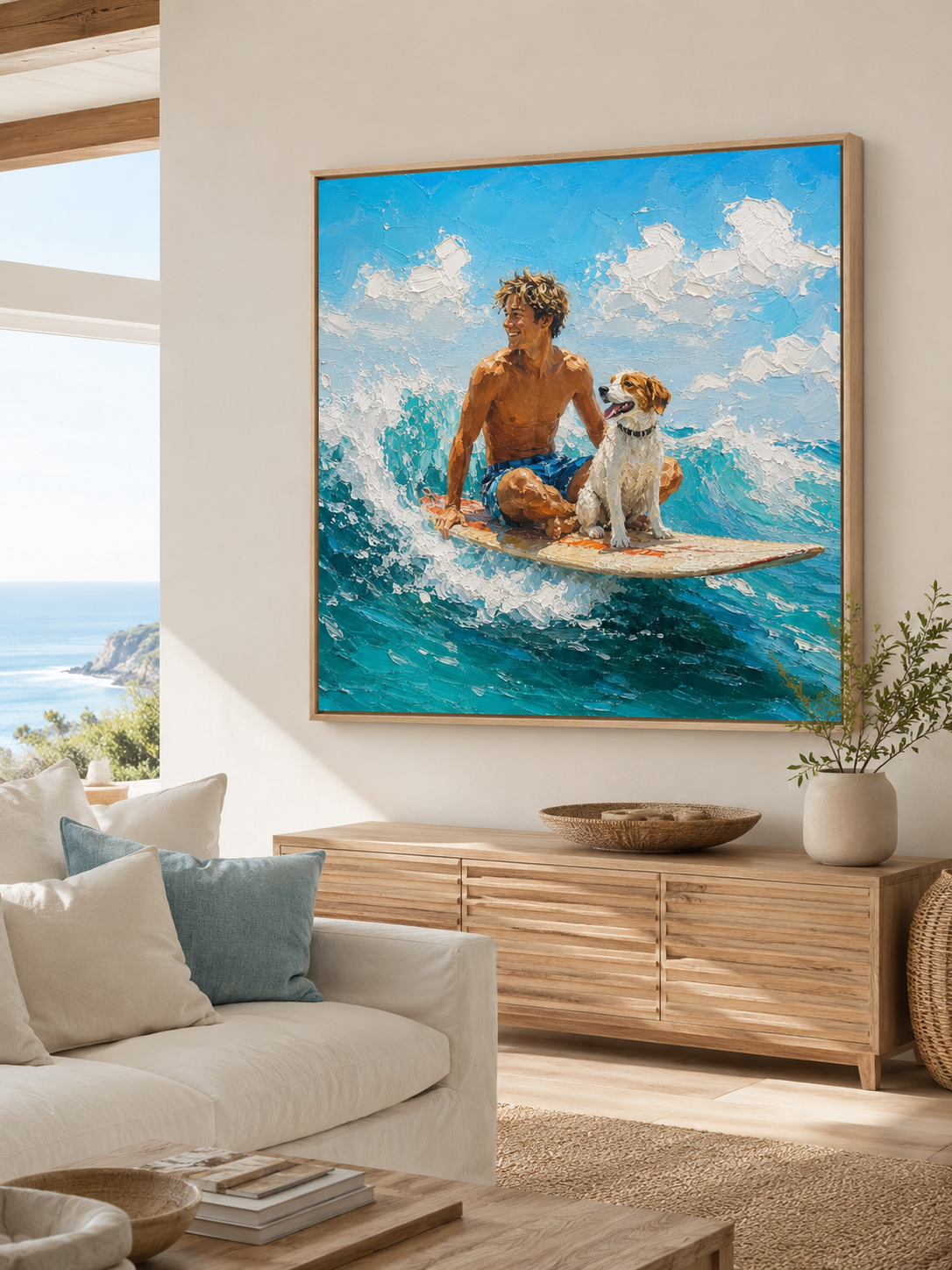Textured Surfing Art With Dog For Modern Beach Home Decor Gift