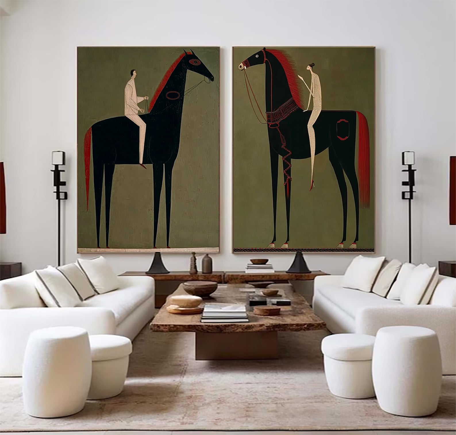 Set of 2 olive olive background Equestrian Art Decor olive green Horse and Man Painting