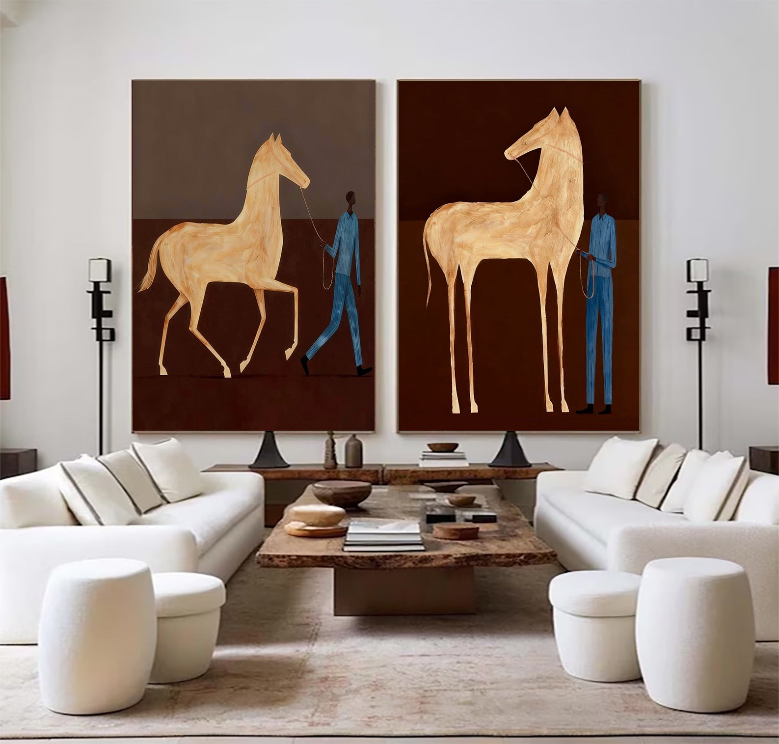 Set of 2 Earth Tone Decor Equestrian Wall Painting Man and Horse Painting